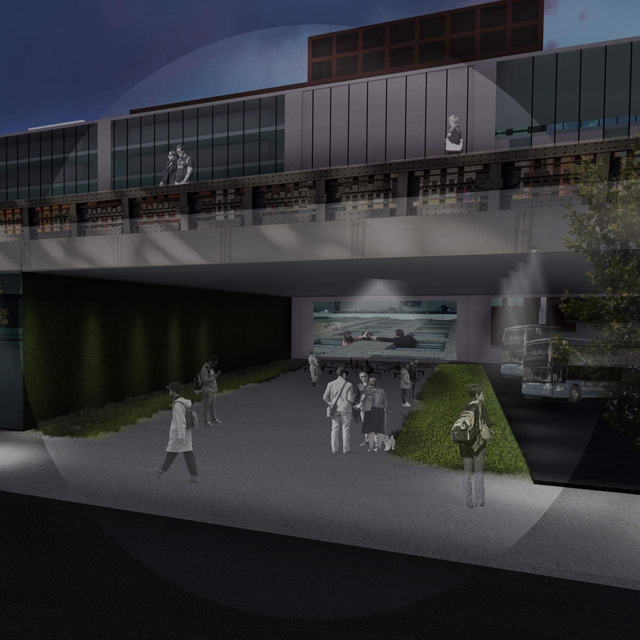 The under/over-pass, an open-space waiting room to get private regional bus companies off the street, where riders can experience local art installations while boarding.