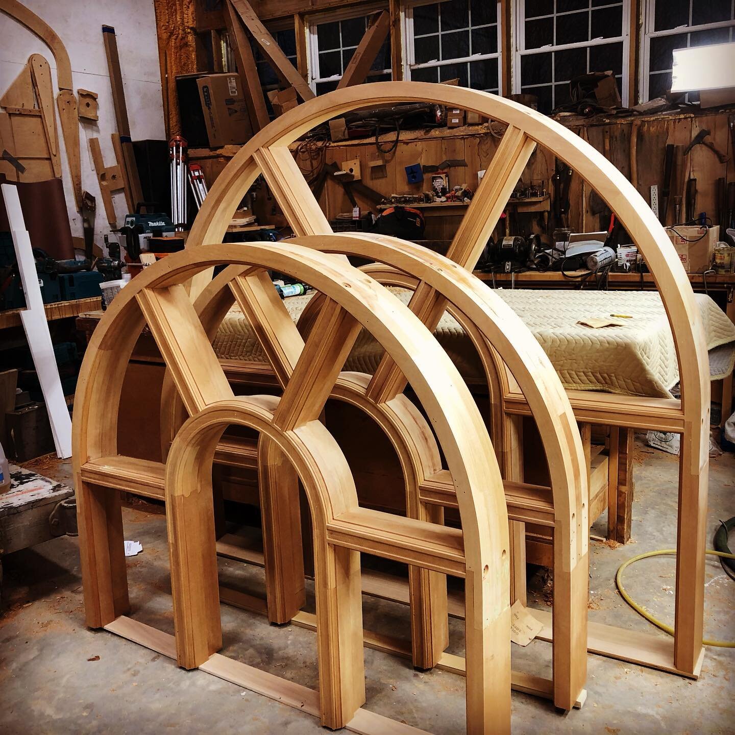 Been a good week of solid progress on these windows. Got the frames assembled minus the sills, after finishing the spoke housings and inner coved recess detail.
Sash and muntin stock was milled including most of the curved bits including developing t
