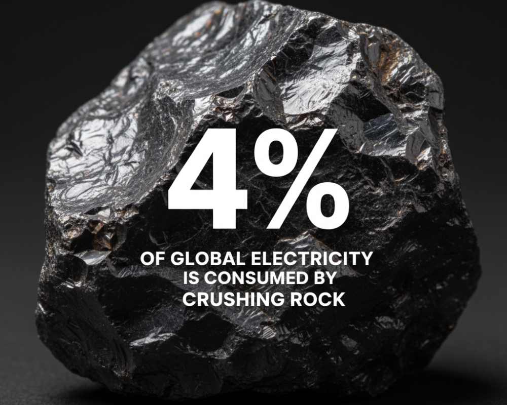 A macro photograph of a dark, jagged piece of ore against a black background. White text overlaid on the rock reads "4% OF GLOBAL ELECTRICITY IS CONSUMED BY CRUSHING ROCK," highlighting the immense energy waste in conventional comminution.