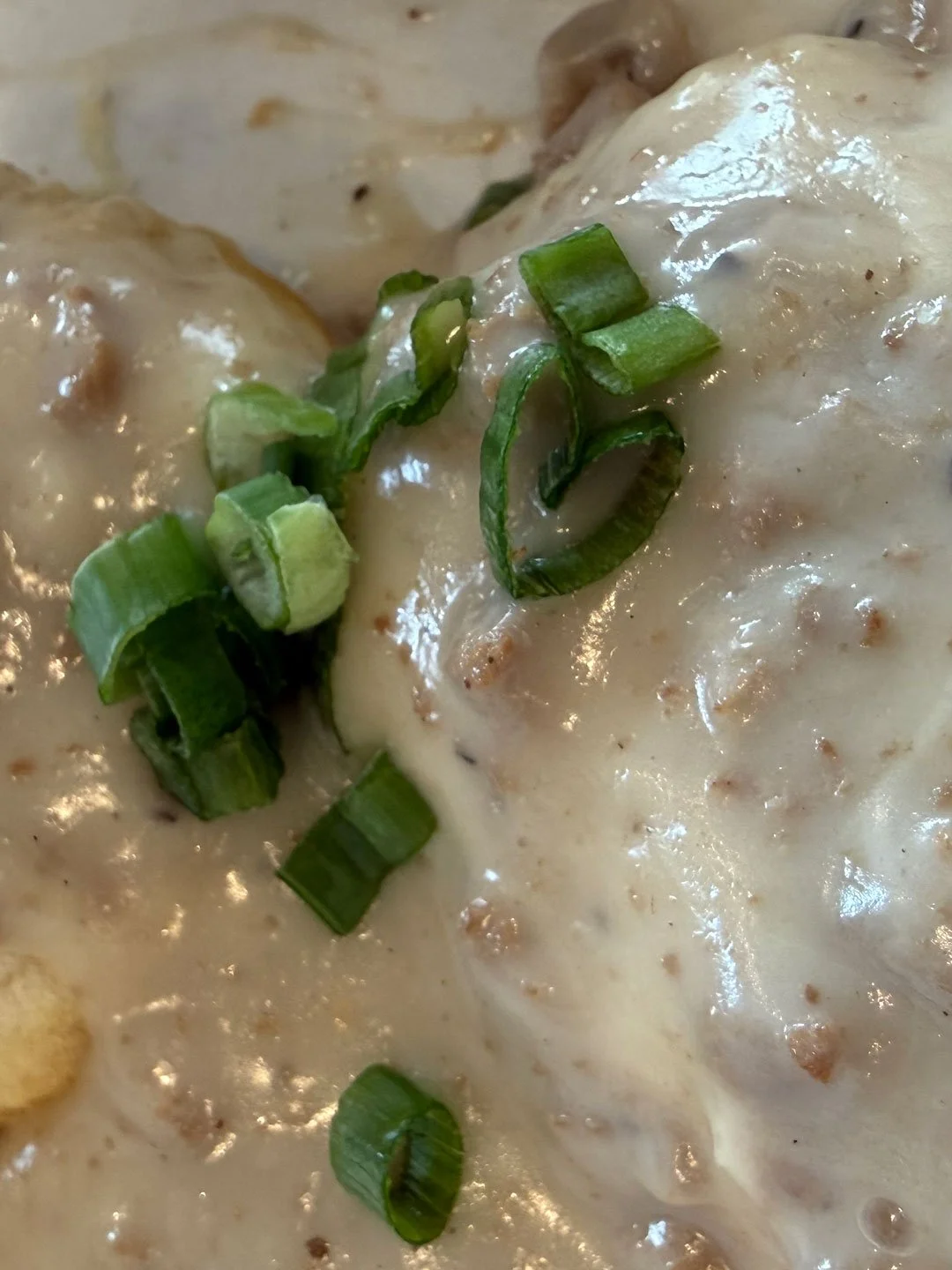 A green onion heart appeared on my biscuits and gravy during a trip to Ohio for our niece's graduation party.