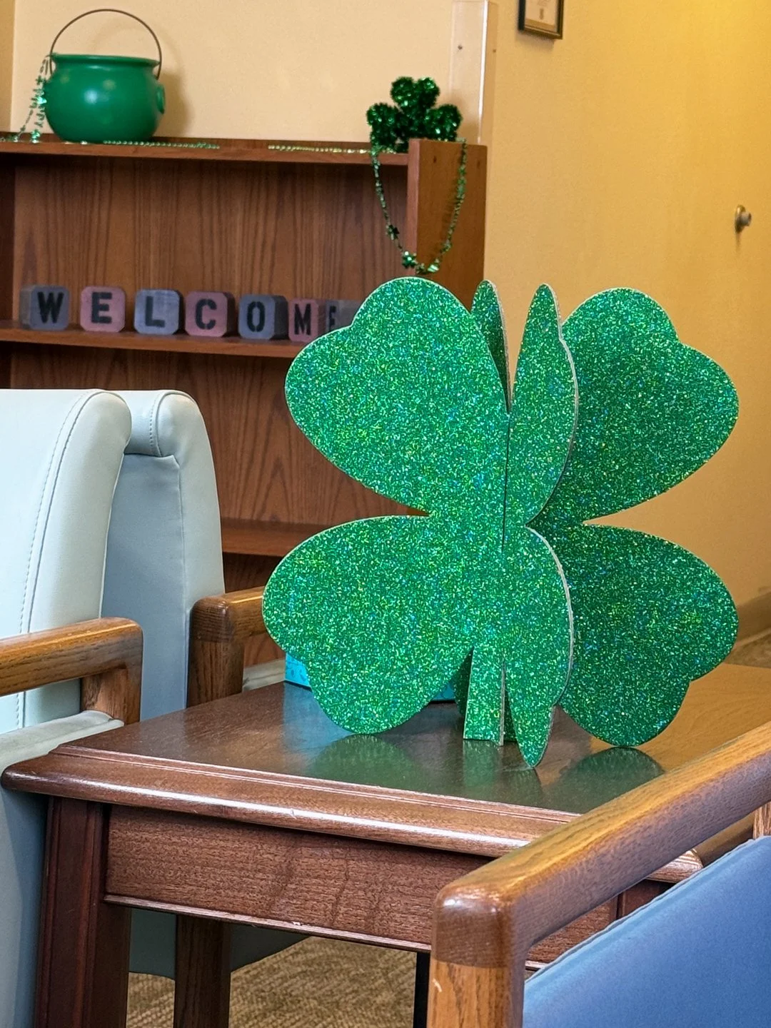 The cancer center waiting room was decorated for St. Patrick's Day the week I started treatment. Heart shapes make four-leaf clovers.
