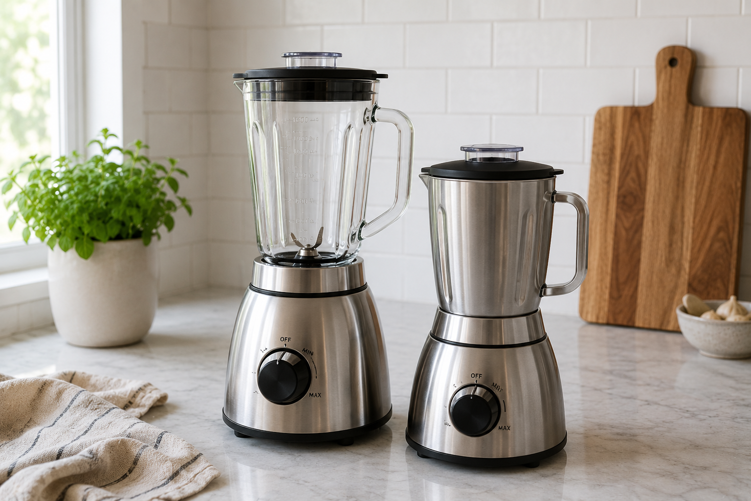 Non-toxic blenders with stainless steel and glass blending containers on a kitchen countertop