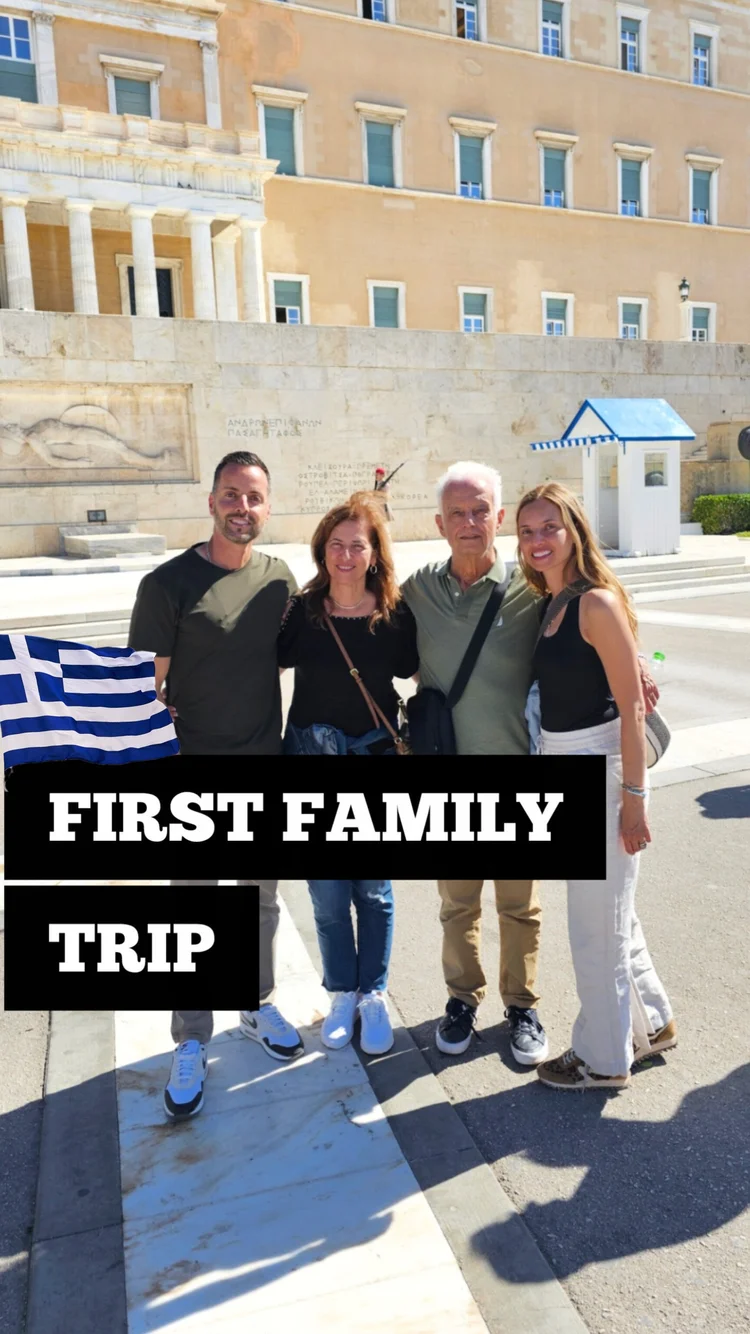 George Stroumboulis with his family outside the Hellenic Parliament during their first trip to Greece together.