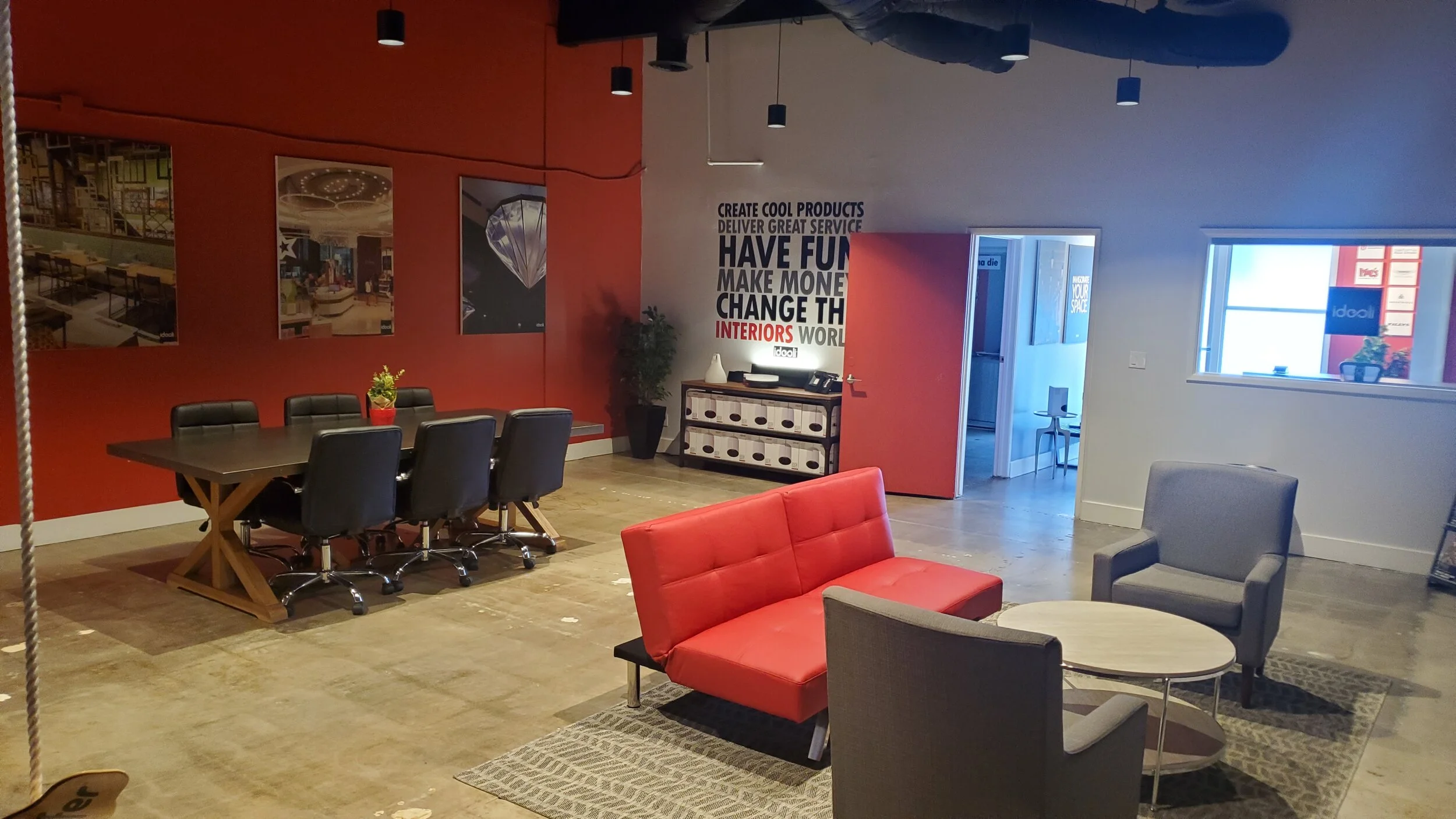 The main meeting space with product displays and an interactive environment.