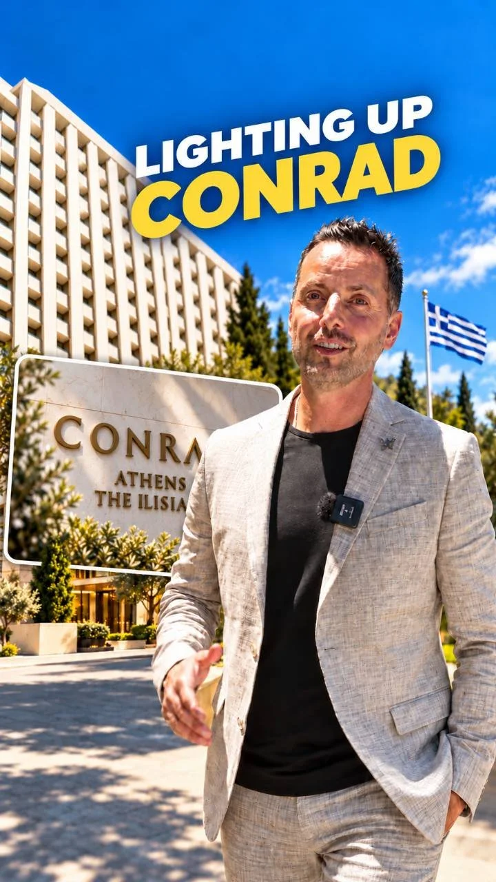 George Stroumboulis outside Conrad Athens The Ilisian, with the hotel and a Greek flag behind him.