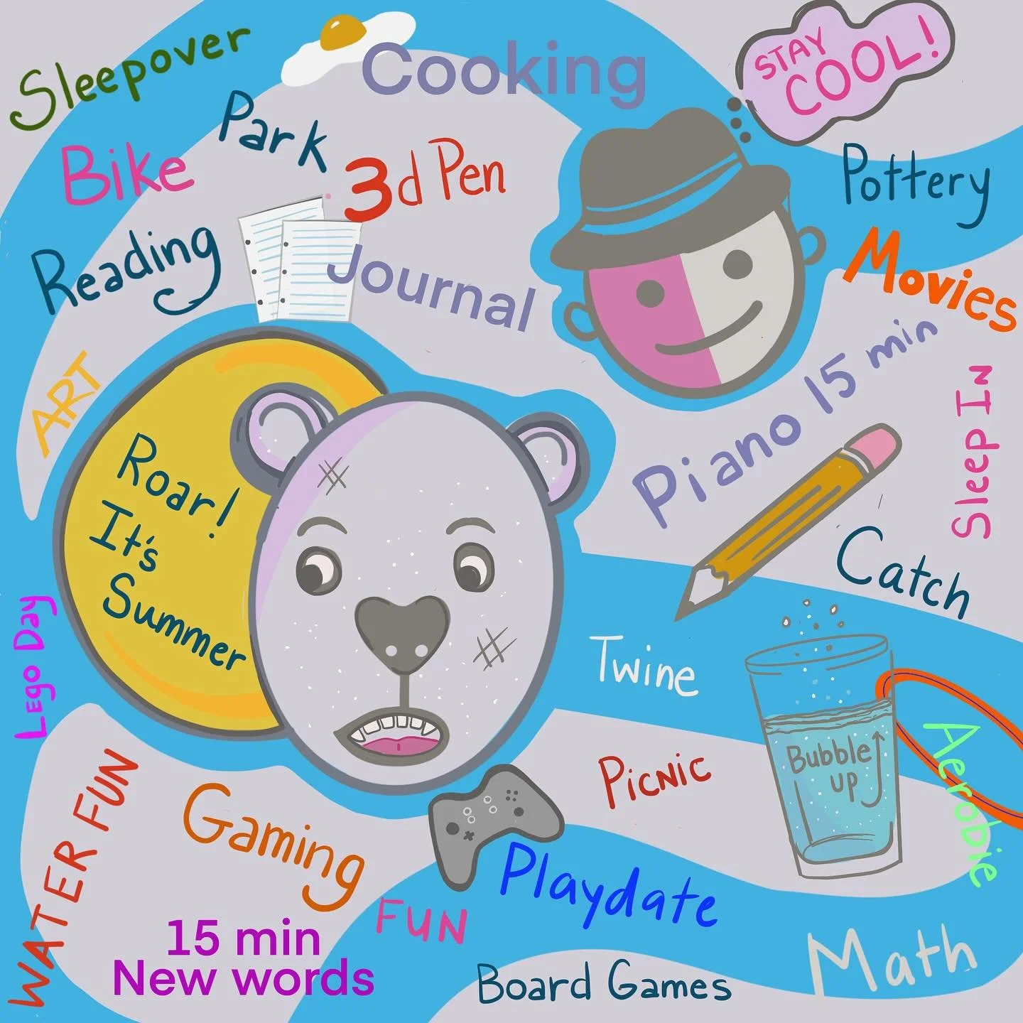 Is your kid already using the words &ldquo;I&rsquo;m Bored&rdquo; and we have more days of summer left? 
I knew this was going to happen, so  I had drawn this and printed a copy to go on my son&rsquo;s wall. 
A reminder of all the things you can do.
