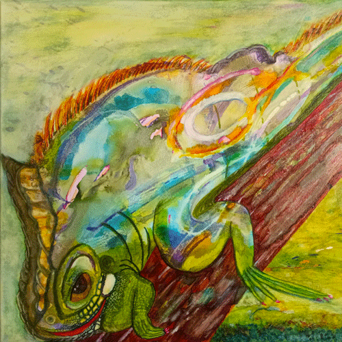 Anastasia depicts a vibrantly colored Iguana positioned on a diagonal branch. The Iguana is highly stylized, blending an array of bright hues.
