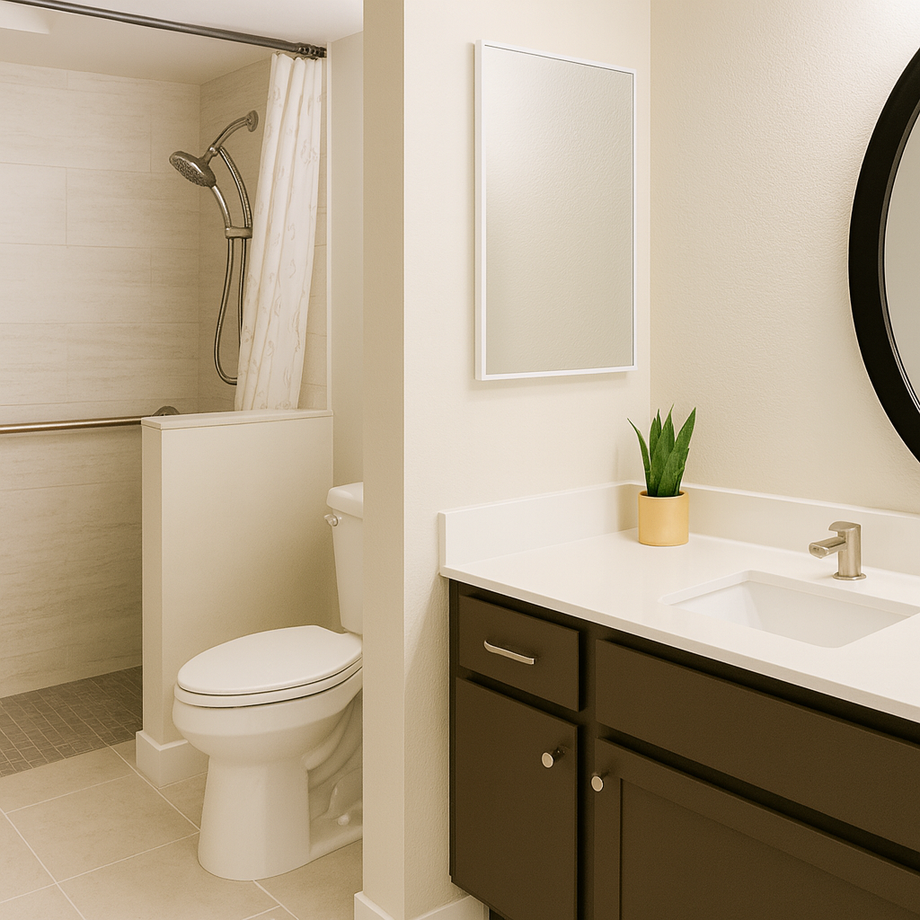Bathroom with a vanity and mirror on the right, a toilet partially behind a wall in the center, and a walk-in shower with a showerhead and curtain on the left.