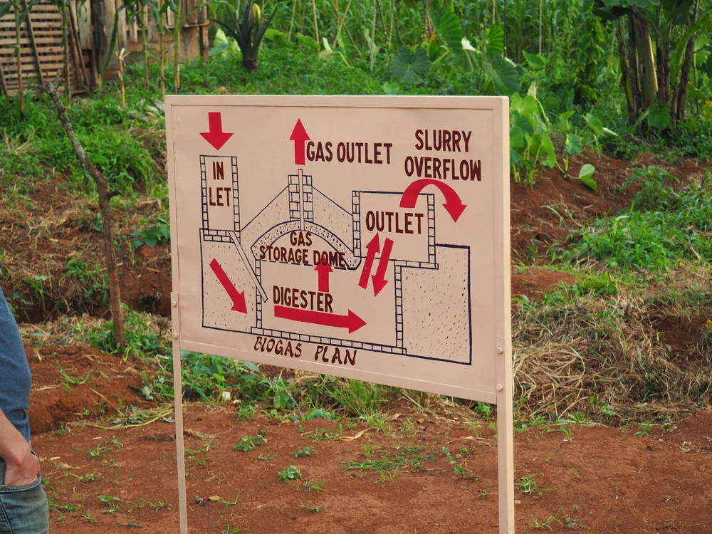 A sign explaining the biogas digester, gas outlet and slurry overflow