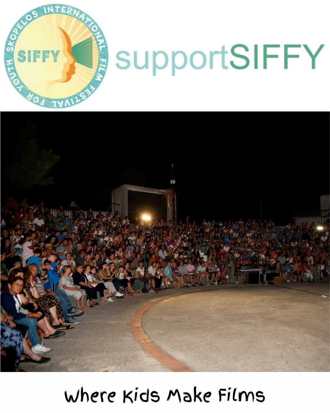 Each year, at the end of a hard but fun week of filmmaking from start to end, SIFFY kids get to see their films on the big screen in the Skopelos town amphitheater!  It's a wonderful night that the towns people love too.

Please think about donating 