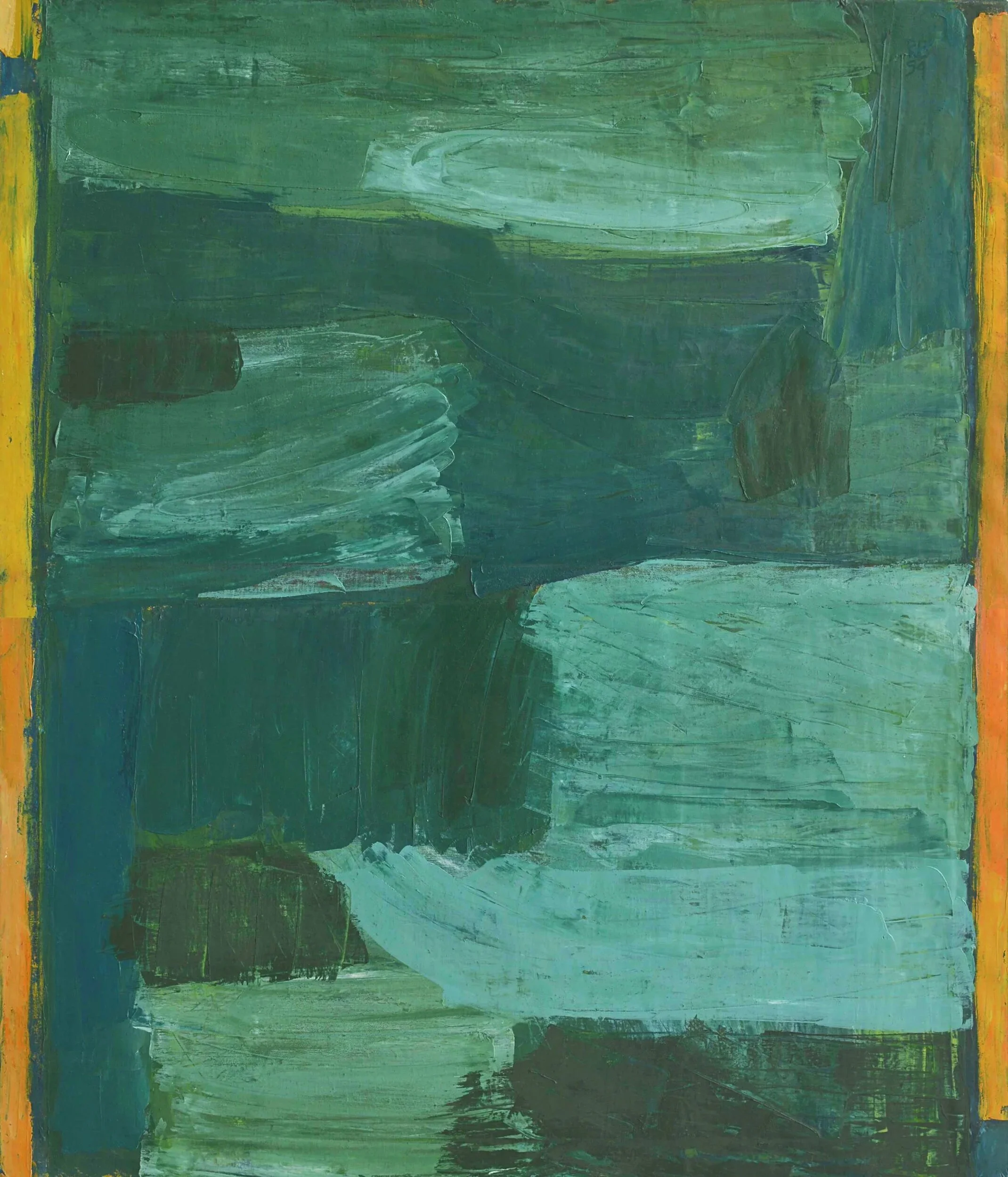 "On the park green, orange frame", 1994, oil on canvas, 119×101cm, CHF 3600.-