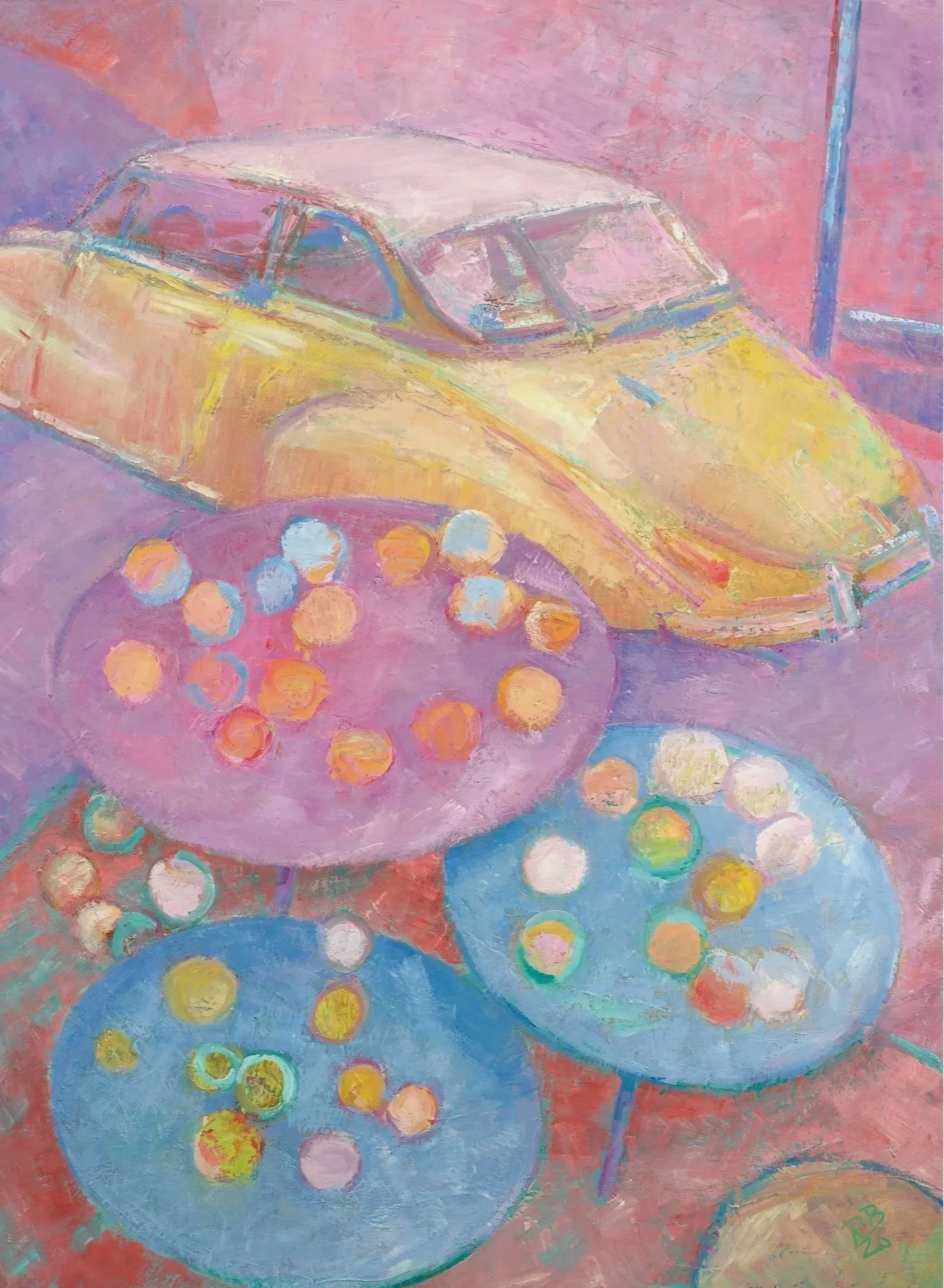 "DKW und Zinnien", 2026, oil on canvas, 102x97cm, CHF 3600.-