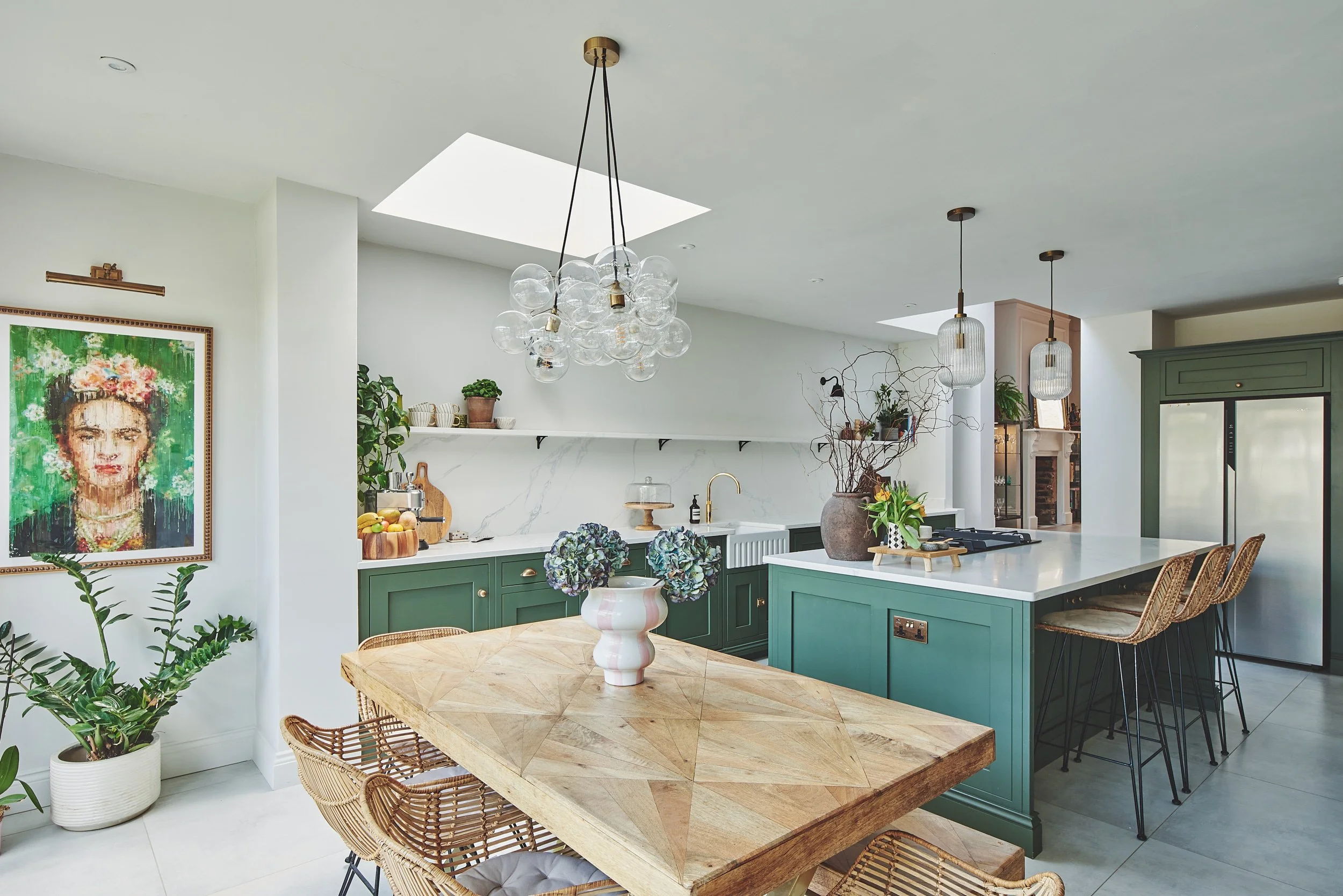 Open Plan Kitchen Extension Green Shaker Kitchen
