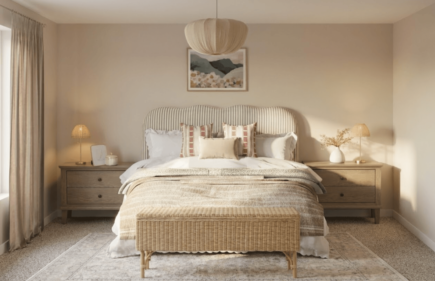 Layered master bedroom with bespoke fitted wardrobes, rattan details and soft refined palette - The Living House