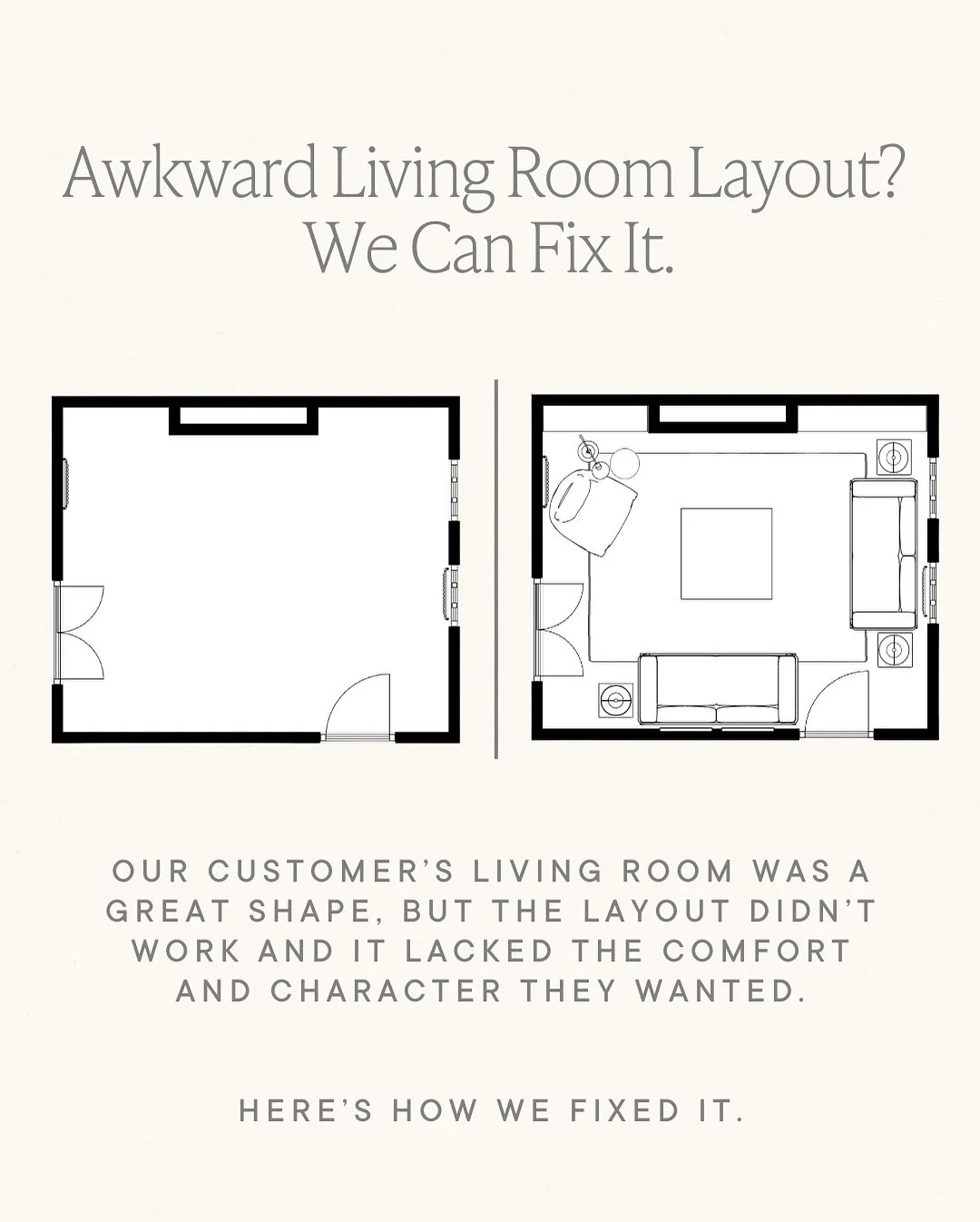 Tricky layout? No problem! 🛋️

Our customer&rsquo;s living room was a great shape, but the layout didn&rsquo;t work, and it lacked the comfort and character they wanted. Double doors, tricky window placement, and no clear walls made furniture placem