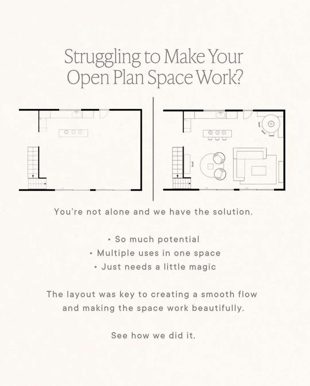 Struggling to make your open plan space work?

You&rsquo;re not alone and we have the solution.

This is how we created a cohesive open plan layout that flows seamlessly between each zone. And our customer loved the result!

Ready for a layout that f