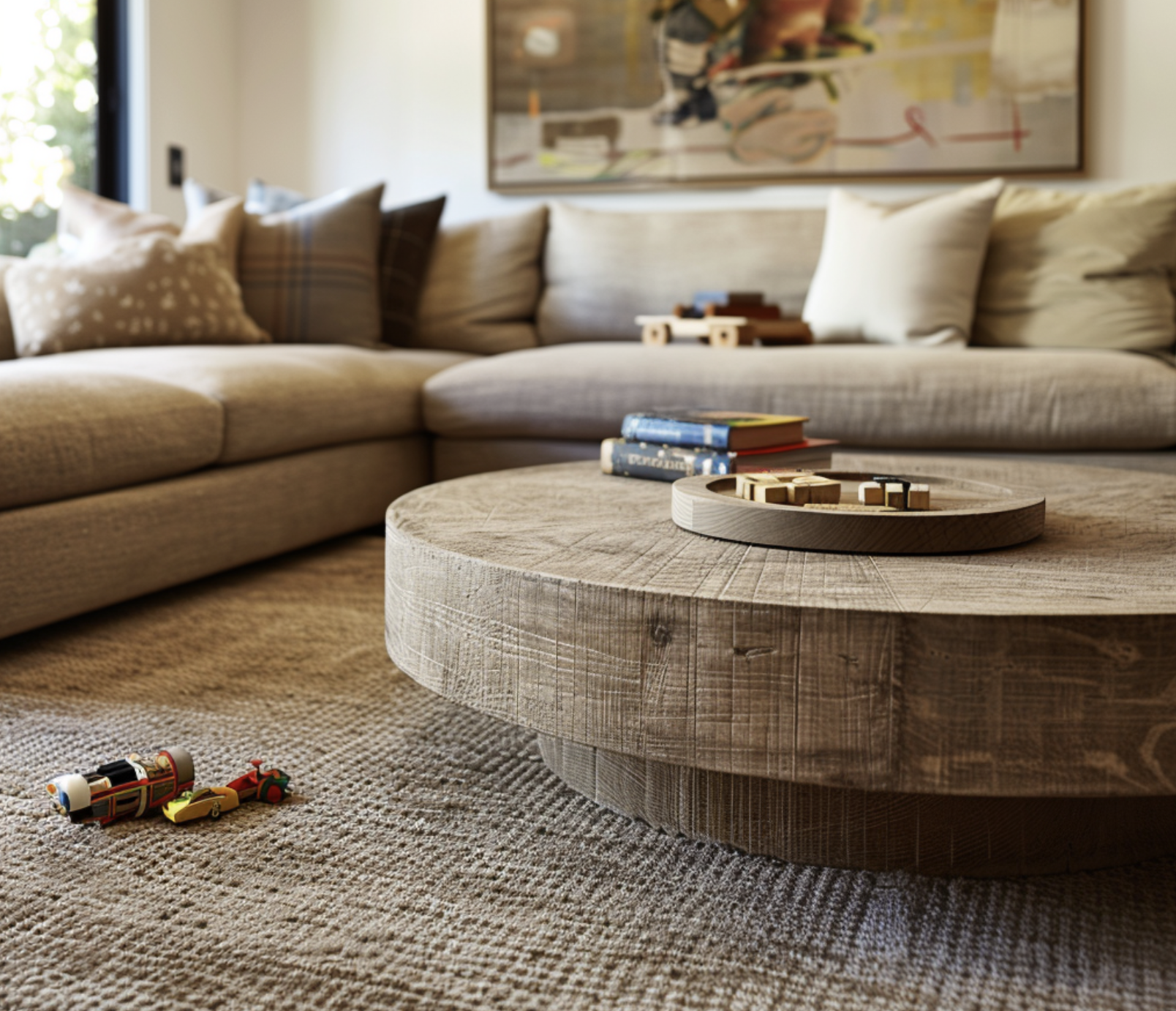 Round coffee table in family living room