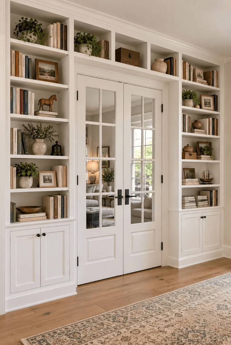 White glazed double doors framed by fitted bookshelves and cupboards, displaying books, plants and ornaments, with a sitting room visible beyond.