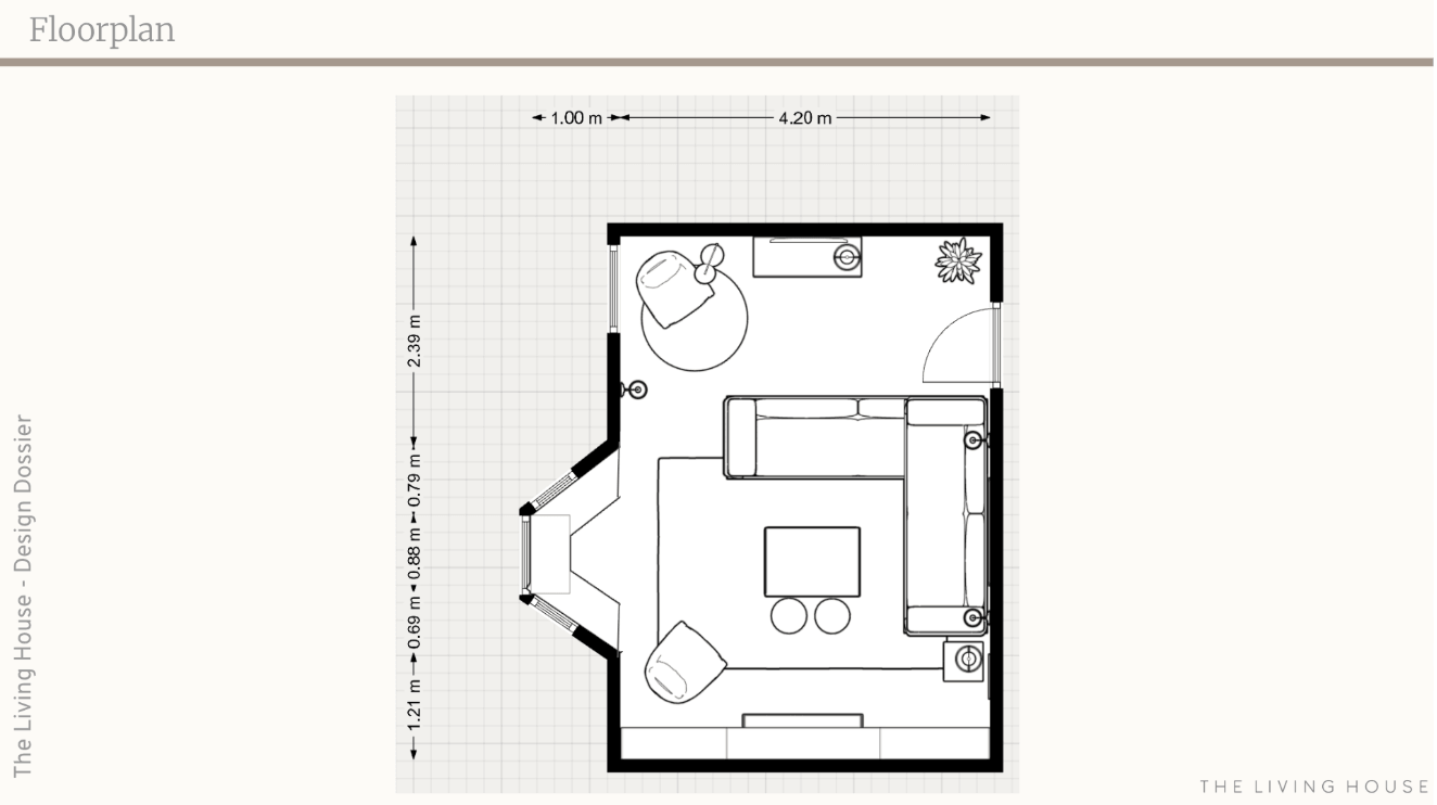 Living room floorplan showing a corner sofa, square coffee table and two pouffes on a large rug, with two armchairs and a bay window.