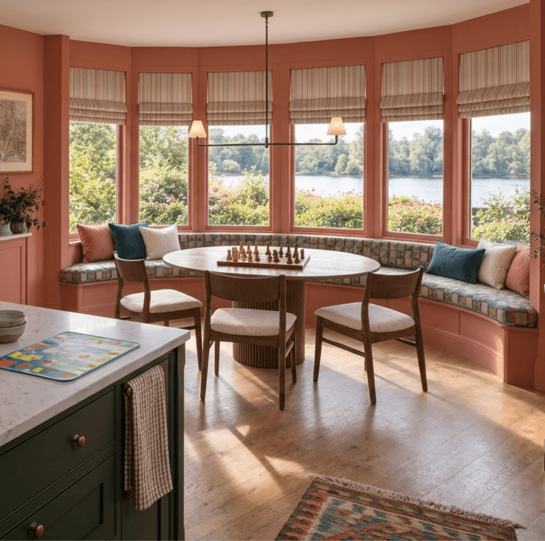 Kitchen design visual with terracotta walls, patterned bench seating around a bay window, striped Roman blinds and a wooden pedestal table with a chess set.