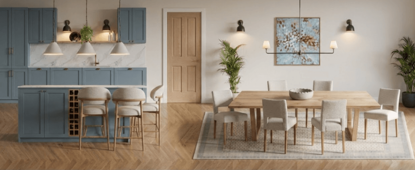 Open plan blue kitchen dining room