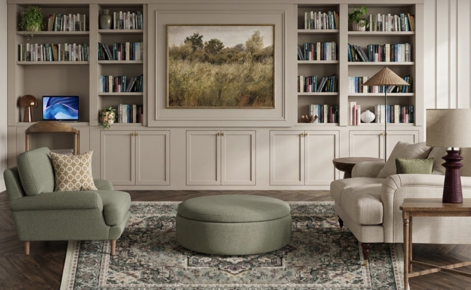 Transitional Neutral and Green Living Room