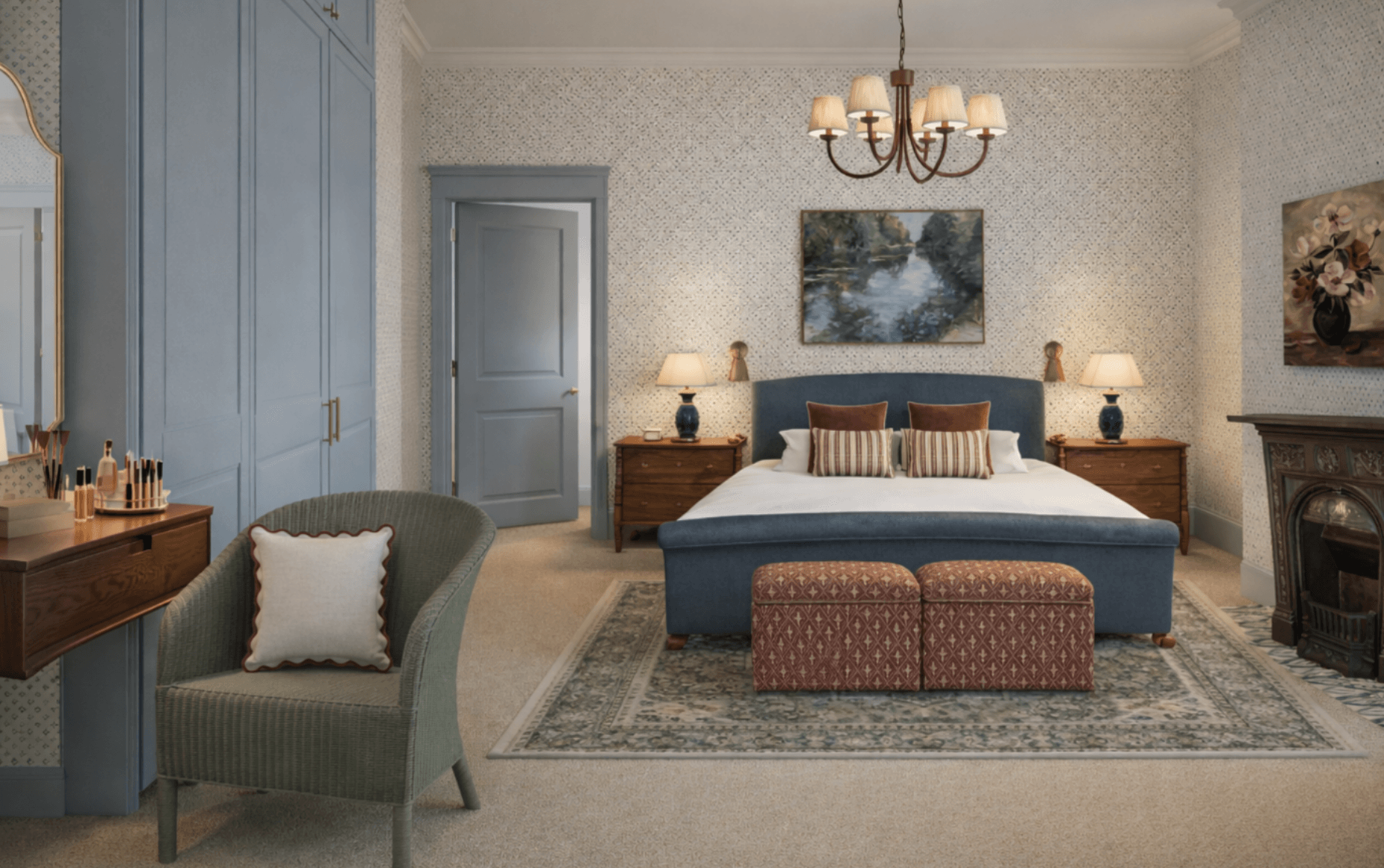 Heritage master bedroom with layered lighting, textured wallpaper and classic palette - The Living House