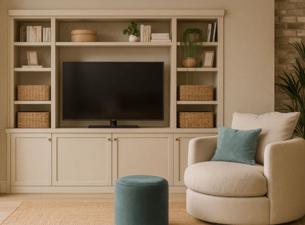 Built In Media Unit In Family Living Room, Showing Lots Of Storage And A Fun Swivel Armchair