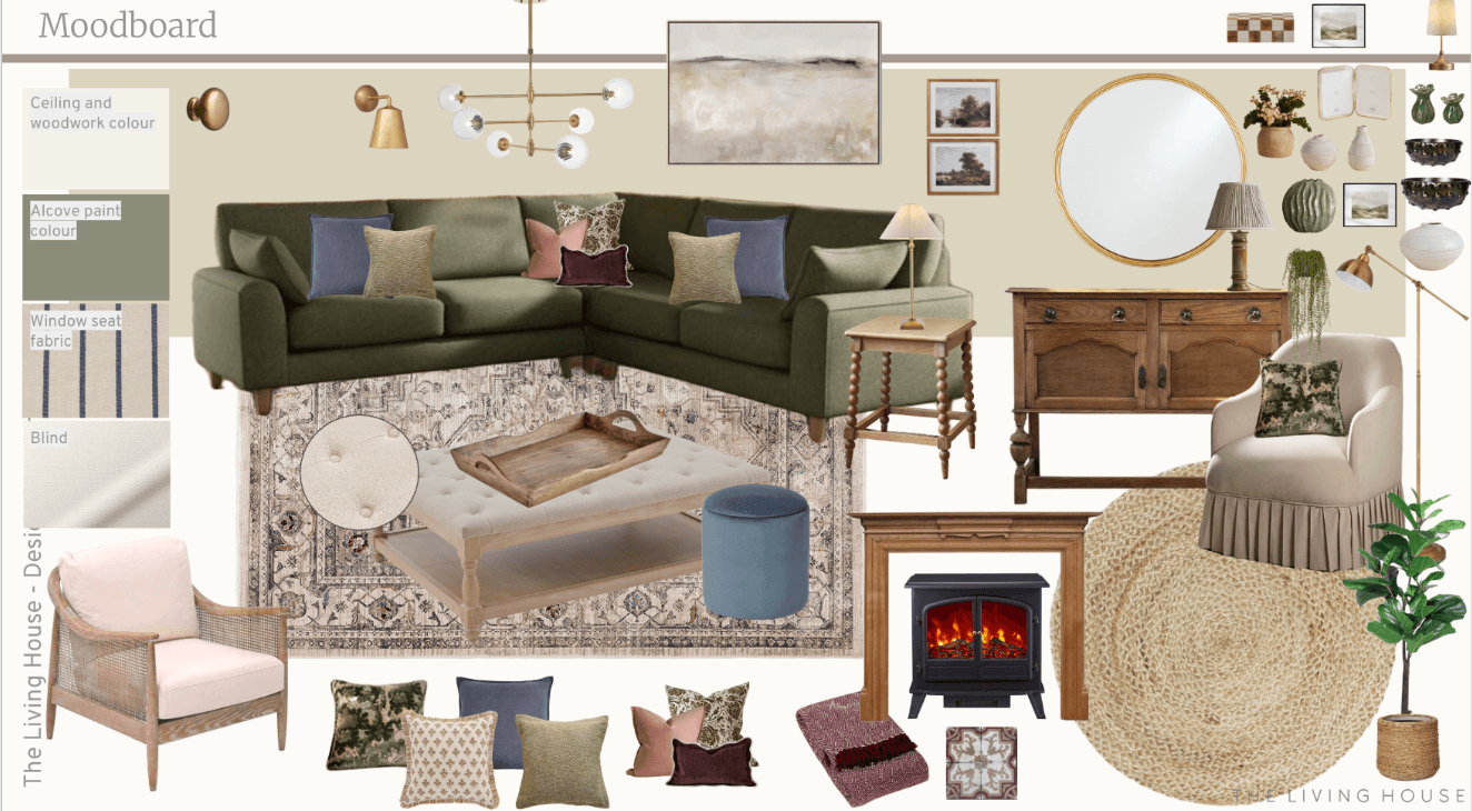 Living room moodboard featuring a green corner sofa, wooden furniture, patterned rugs, brass lighting, blue and burgundy cushions, and paint and fabric samples.