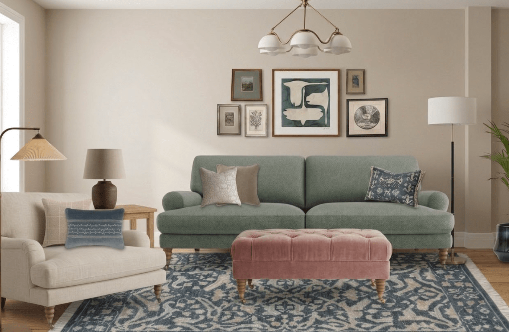 Timeless living room interior design by The Living House - warm teal tones, layered textures, mid-century accents