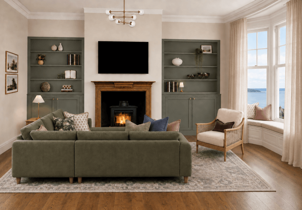 Sage Green And Soft Natural Colours In A Period Living Room, Feature Fireplace And BuiIt In Window Seat And Alcove Cupboards.