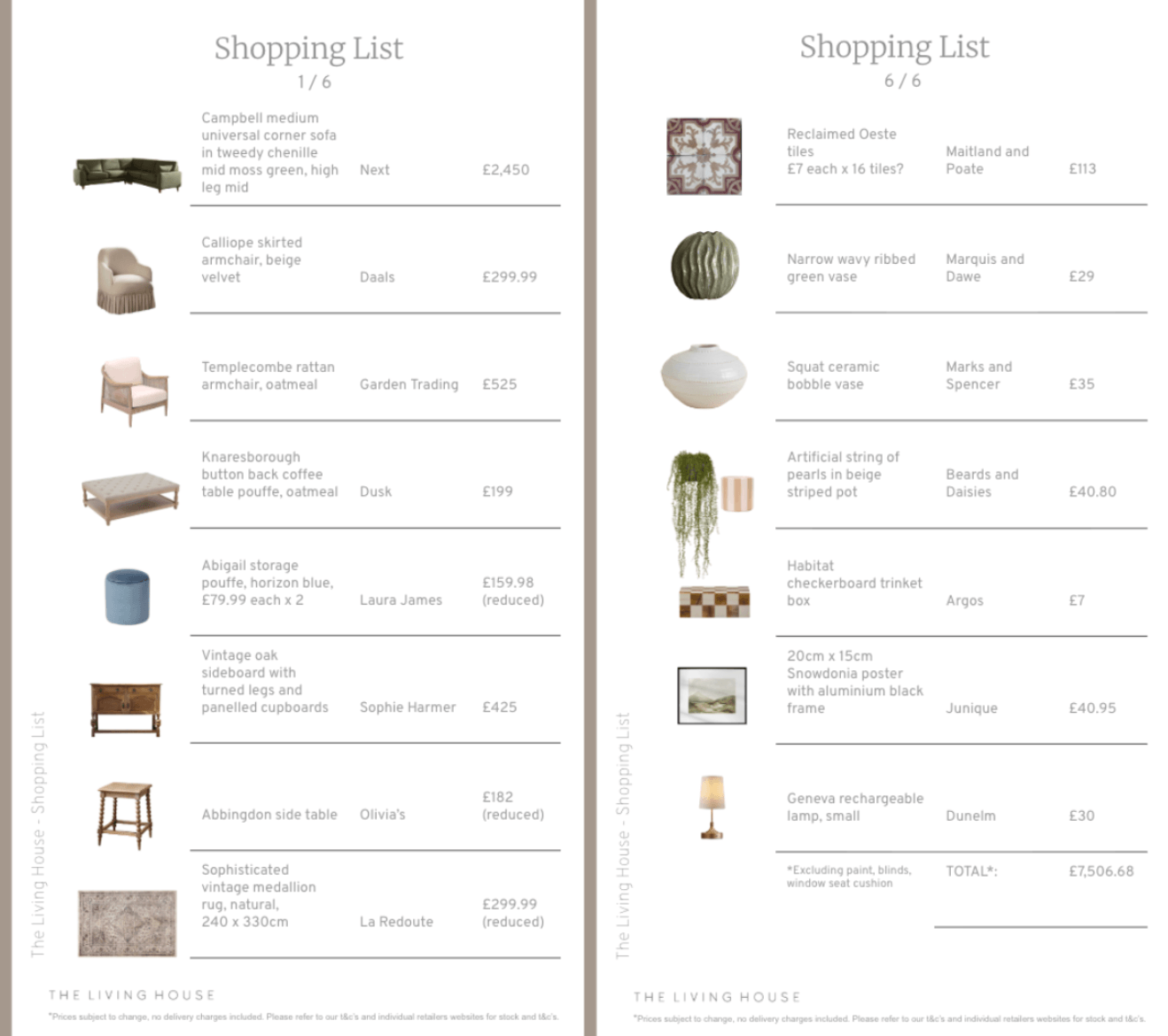 Two pages from The Complete Design shopping list, showing furniture and accessories with product images, descriptions, retailer names and prices.