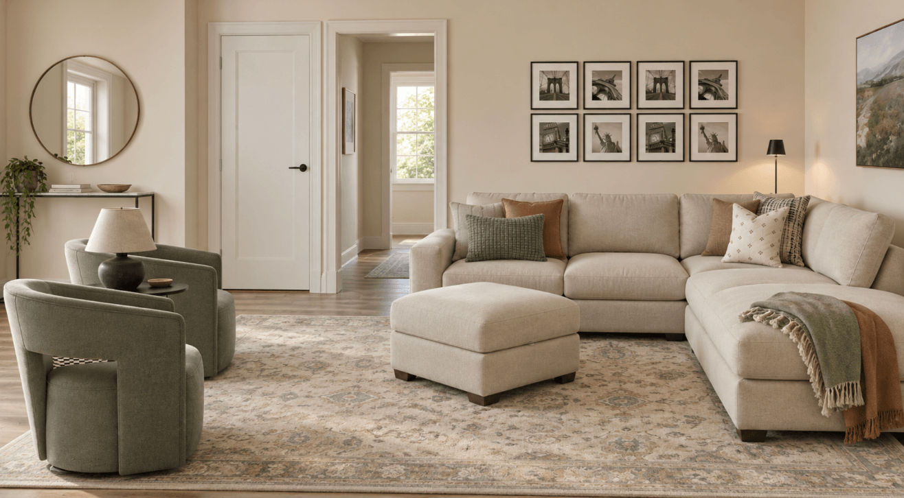 Contemporary Neutral and Green Living Room