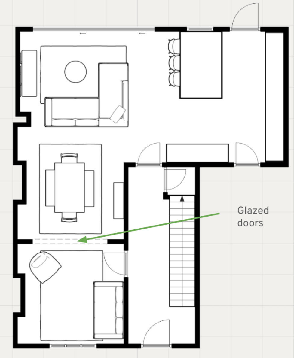 Floor plan of Becky’s ground floor, showing a front sitting room connected to a central dining room, with an open plan kitchen and second seating area at the rear.