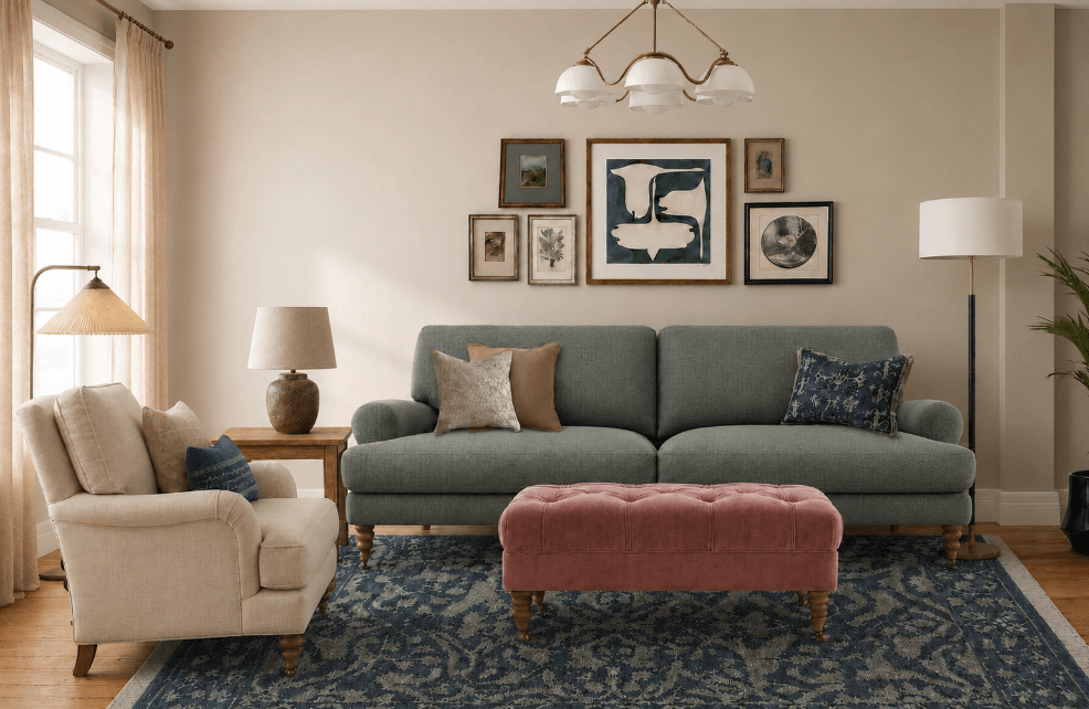 Cosy Family Living Room With Art Gallery Wall, Comfy Sofa And Pink Footstool