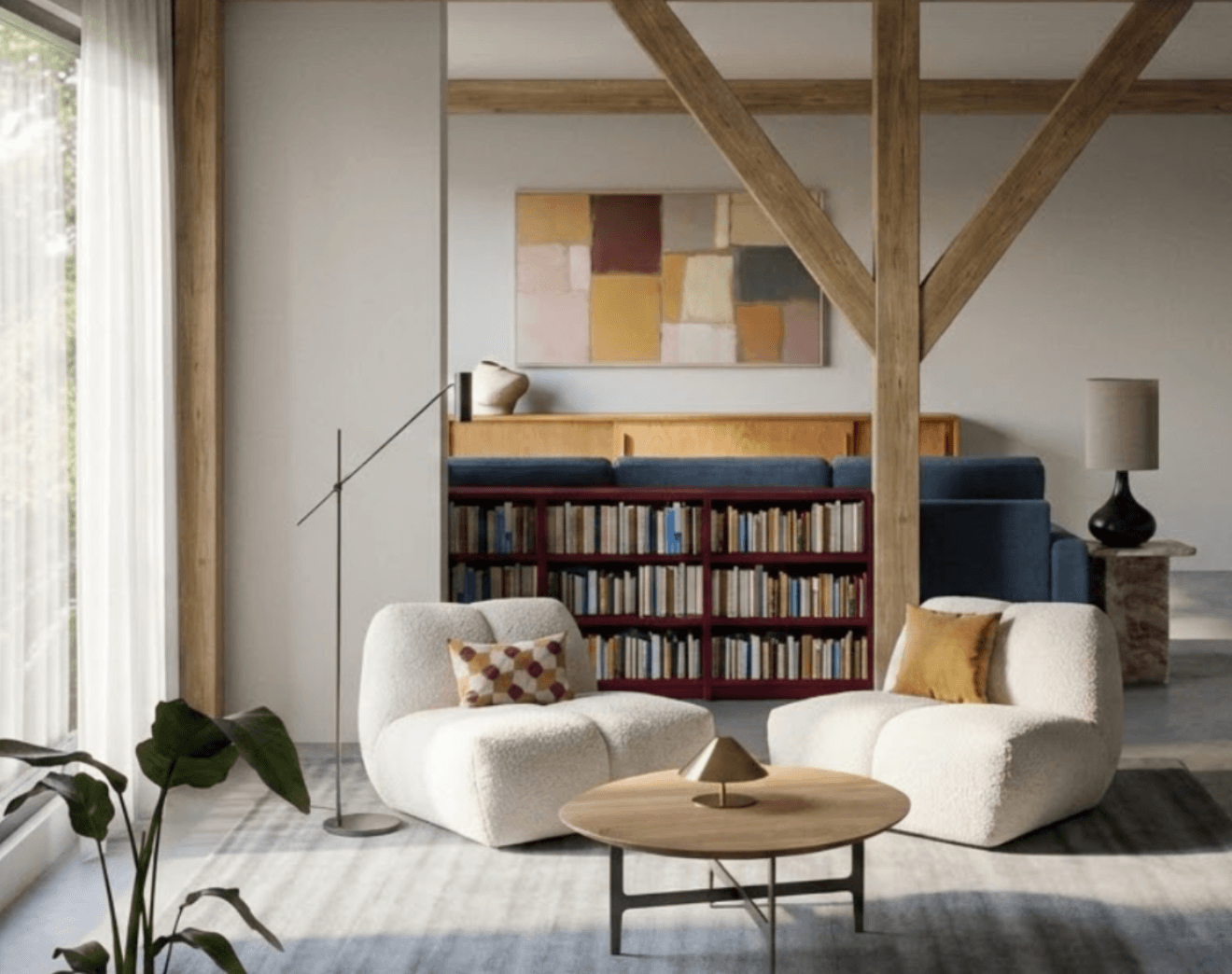 Contemporary Living Room In An Old Period Building With Oak Beams