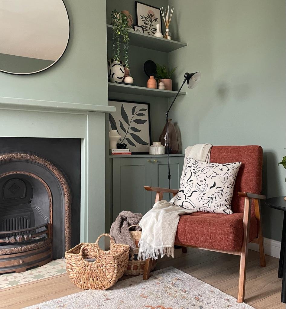 Built in alcove storage with shelving and cupboards in living room