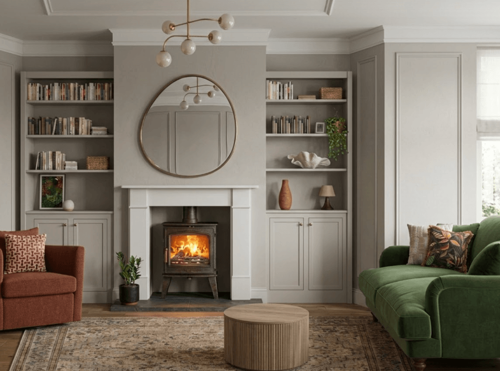 Bright Green Sofa In A Period Living Room With Organic Shaped Mirror And Lighting