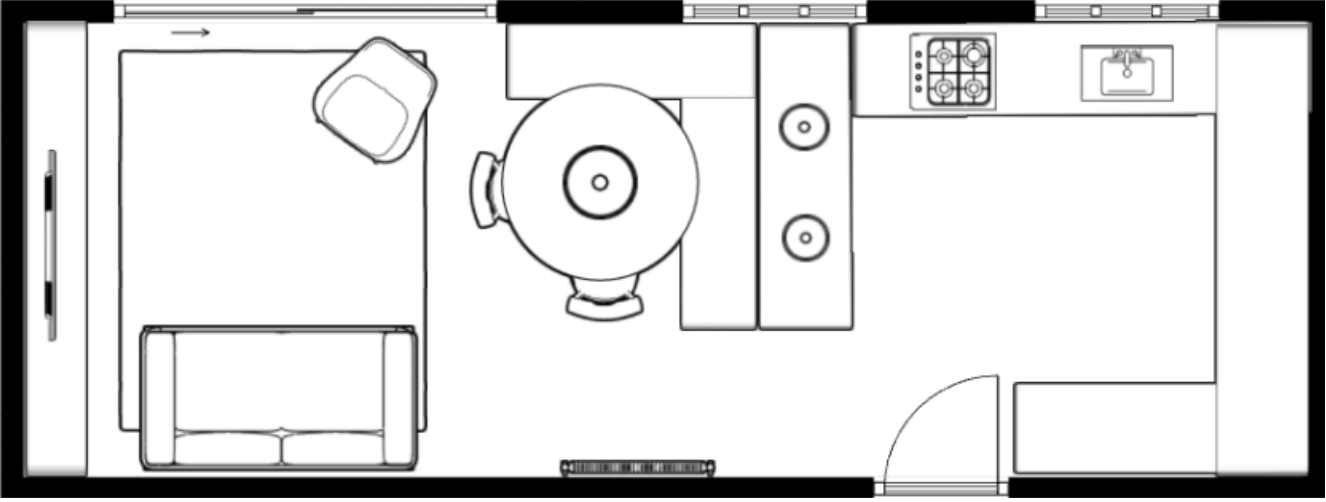 Open-Plan Kitchen, Dining and Living Room Floor Plan With Scaled Furniture, a Peninsula, Round Table and Seating Area.