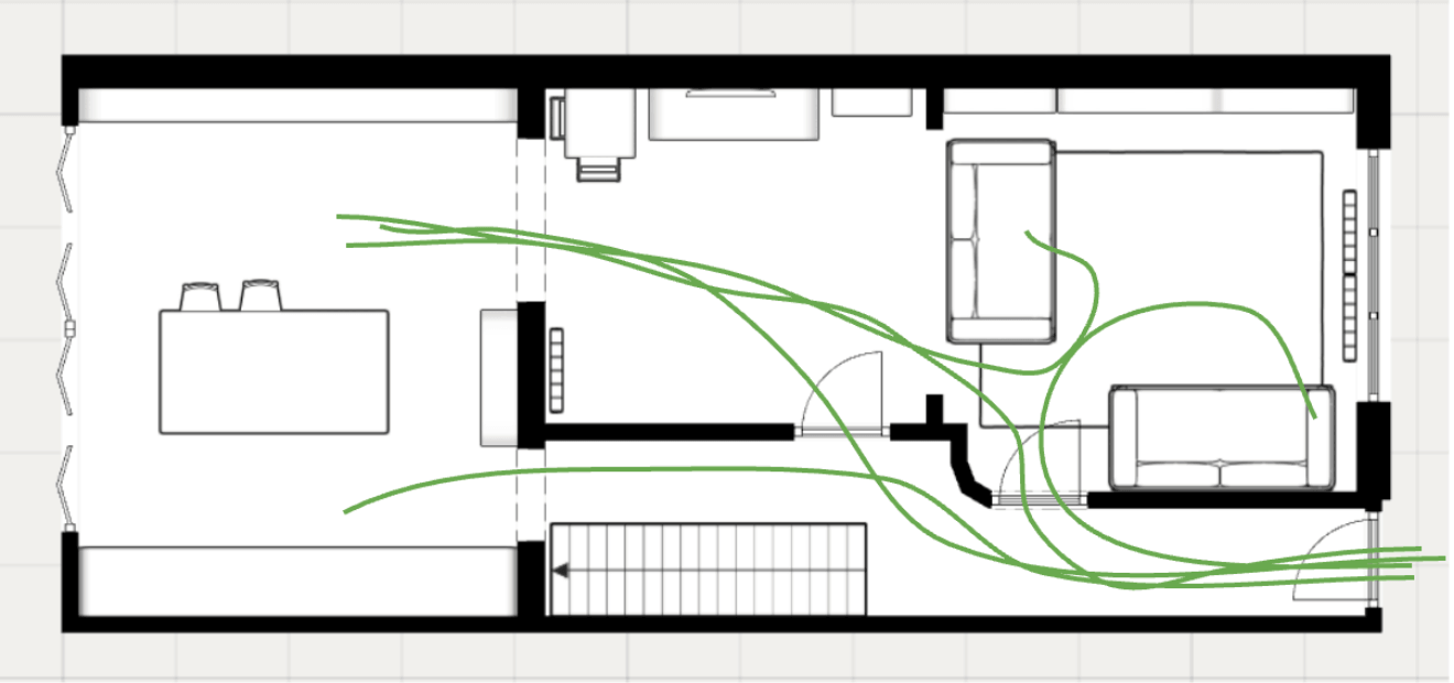 Existing ground floor plan showing connected kitchen, dining and living spaces, two sofas in the front living room and a hallway running alongside