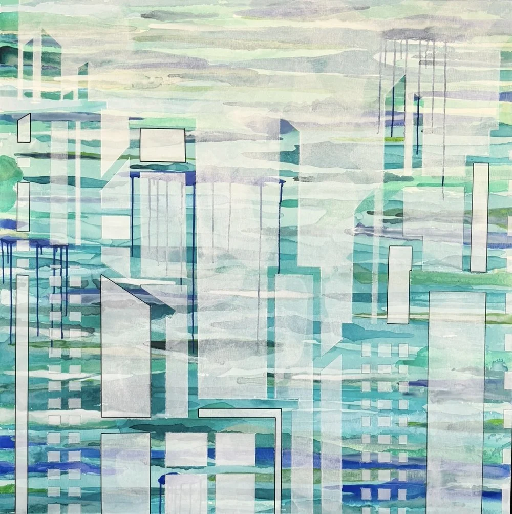 Urban Tides, 2024,, Acrylic mixed media on gallery wrapped canvas, 48 x 48 inches, framed, $5,000
