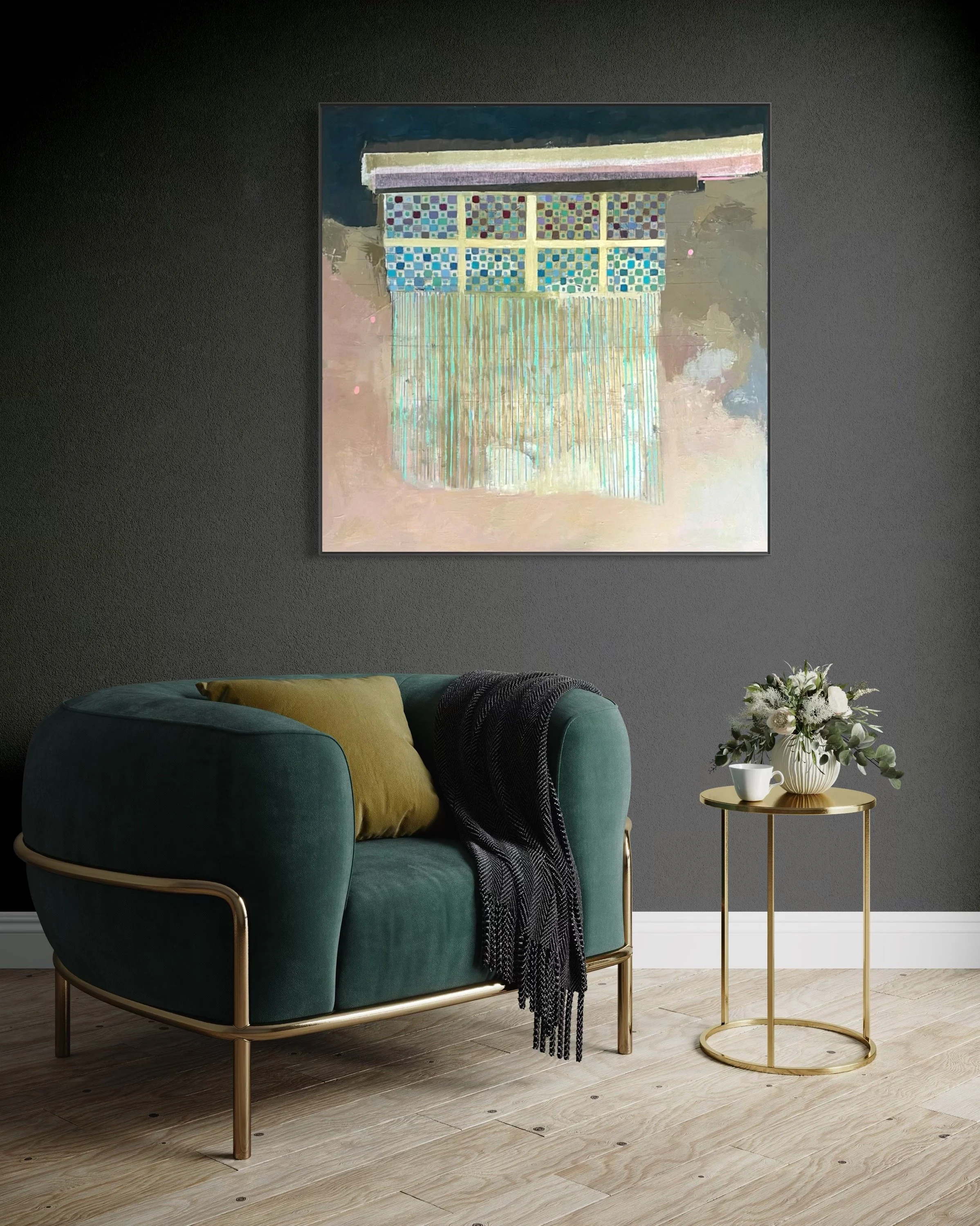 Lori Childers,
The Modern Box: Victor Lundy, 2025,
Oil and collage on canvas,
40 x 40 inches,
$3,500