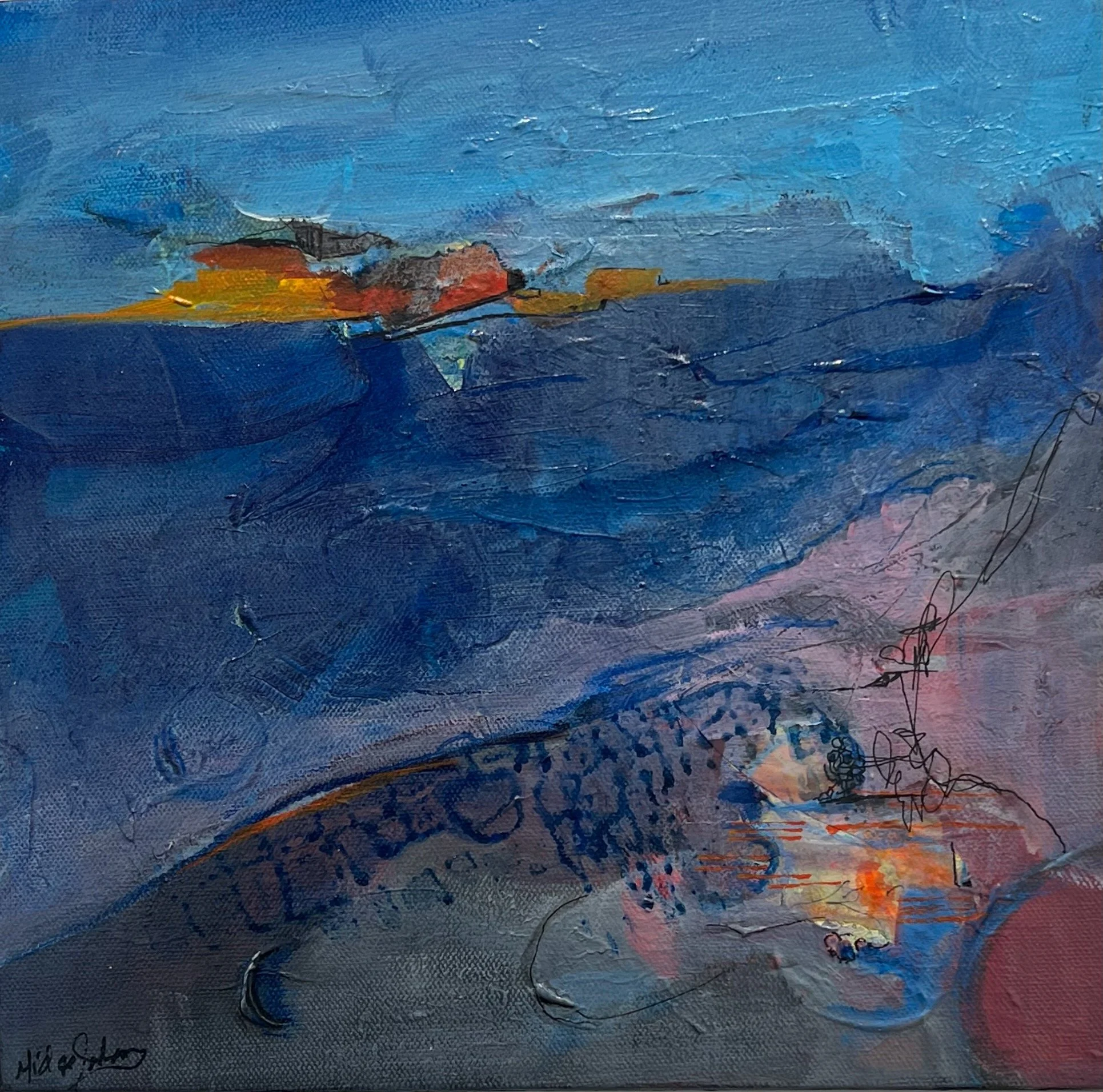 Midge Johnson, Sloped, 2025, Acrylic mixed media on canvas, 12 x 12 inches, framed, $600