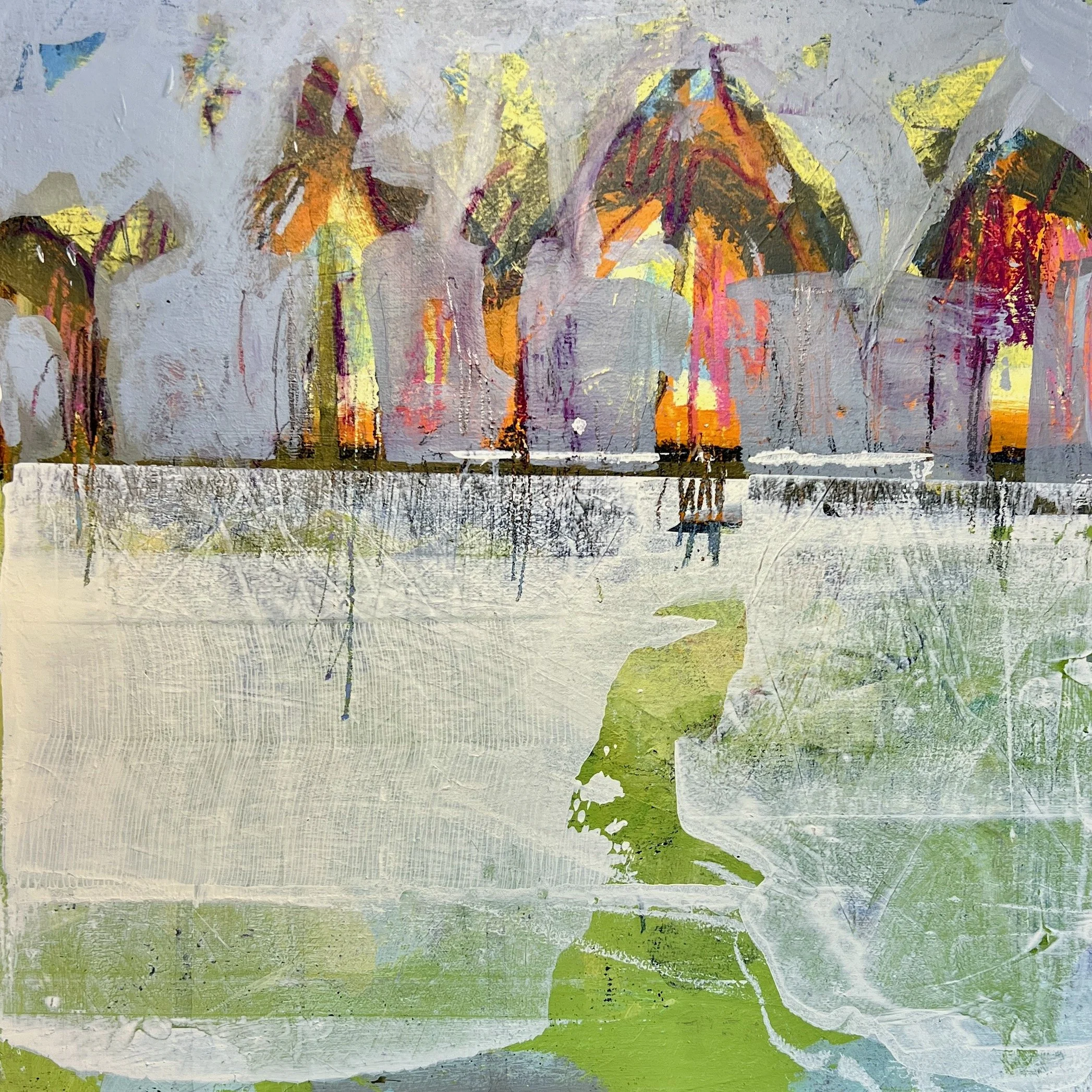 Judy Robertson, There Has To Be Mushrooms In This Forest, 2025, Acrylic, graphite, framed, 12 x 12 inches, $500