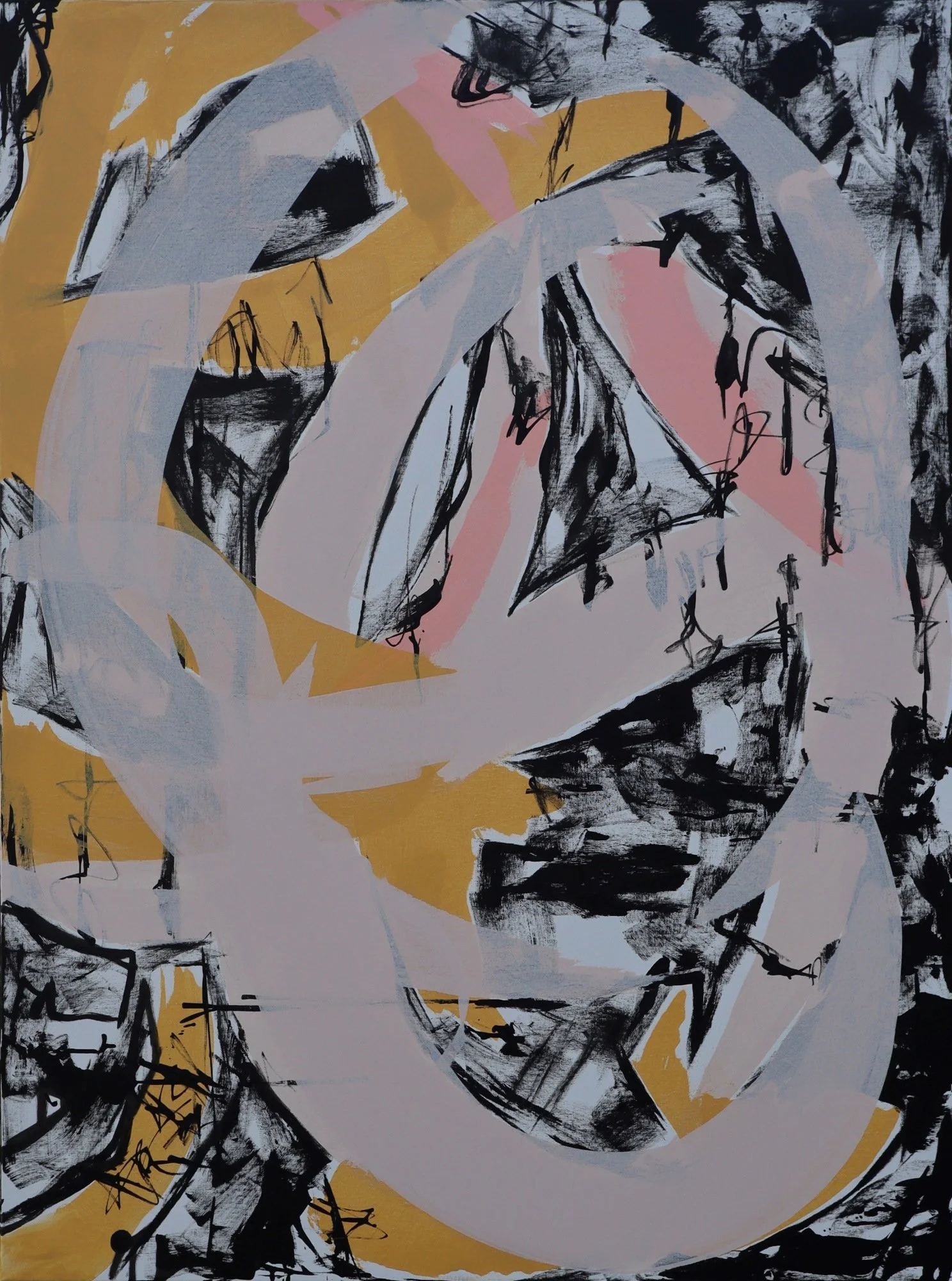 Abstract painting with black, yellow, and pink brushstrokes.