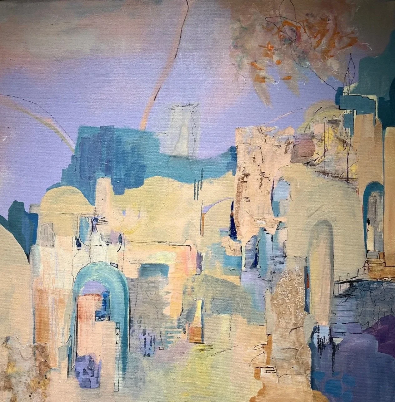 Midge Johnson,
Ancient Metropolis Under a Purple Sky, 2025,
Acrylic mixed media on canvas,
24 x 24 inches,
$1,150