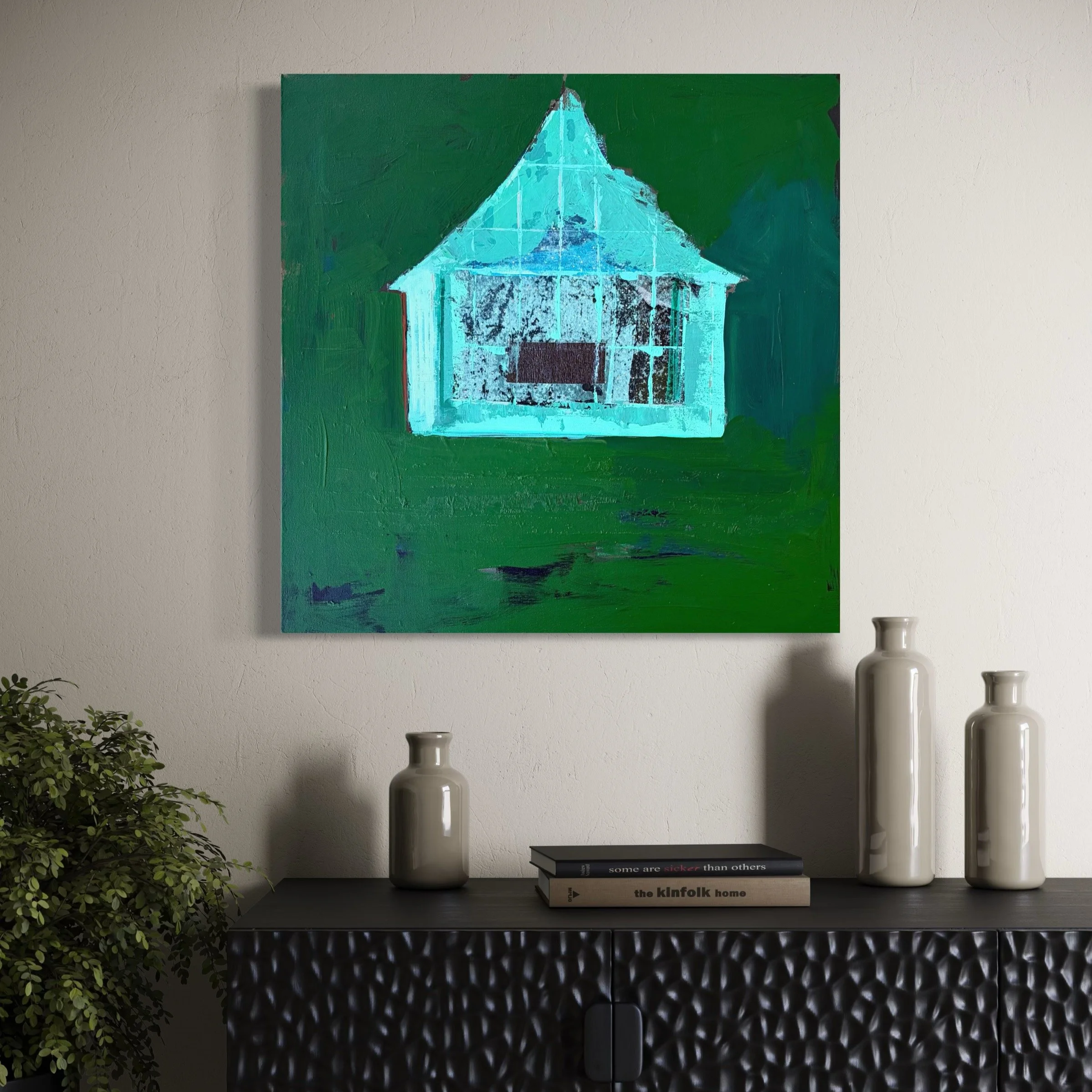 Lori Childers,
Interbellum Celebration, 2025,
Acrylic and collage on canvas,
24 x 24 inches,
$1,250