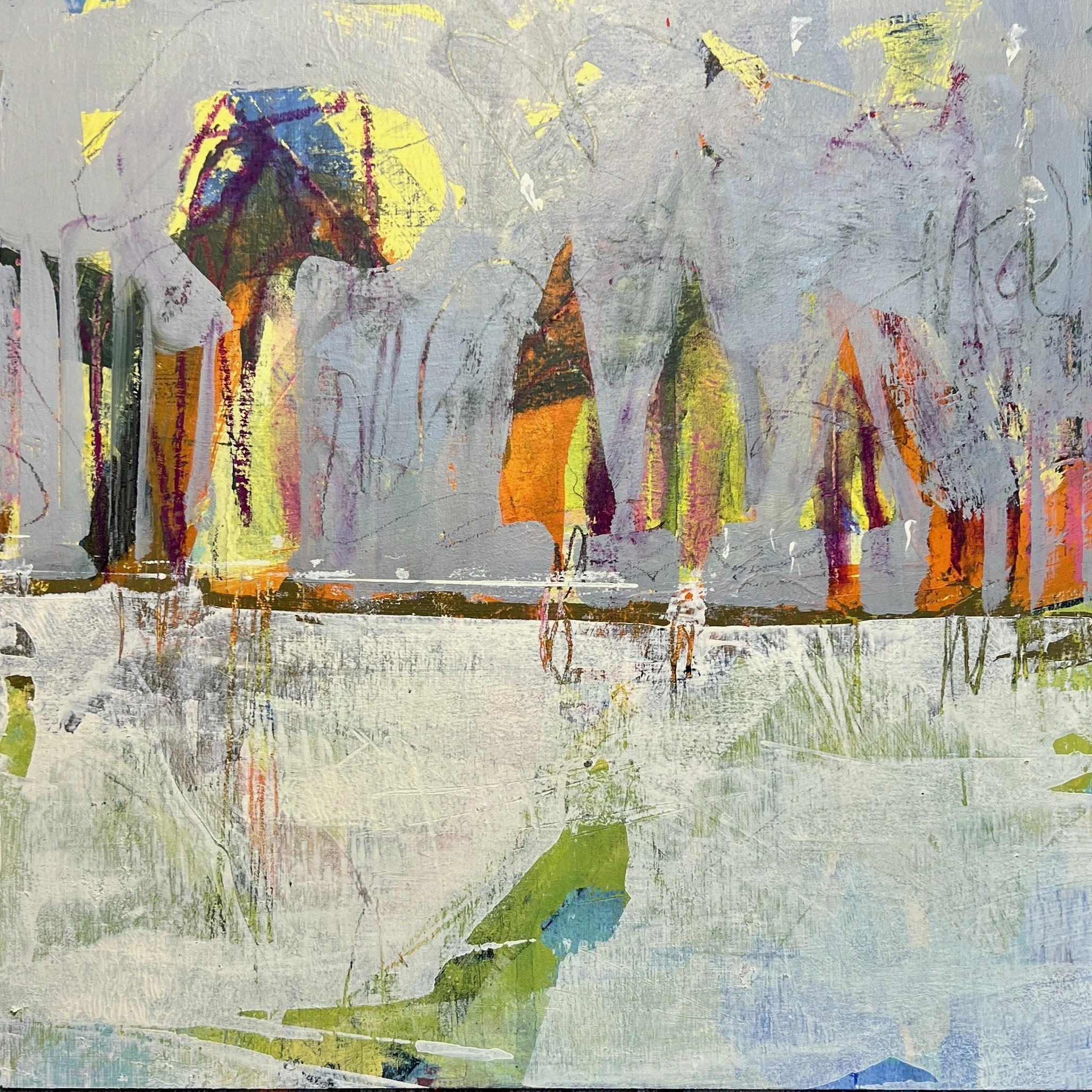 Judy Robertson, There Has To Be Mushrooms In This Forest, 2025, Acrylic, graphite, framed, 12 x 12 inches, $500