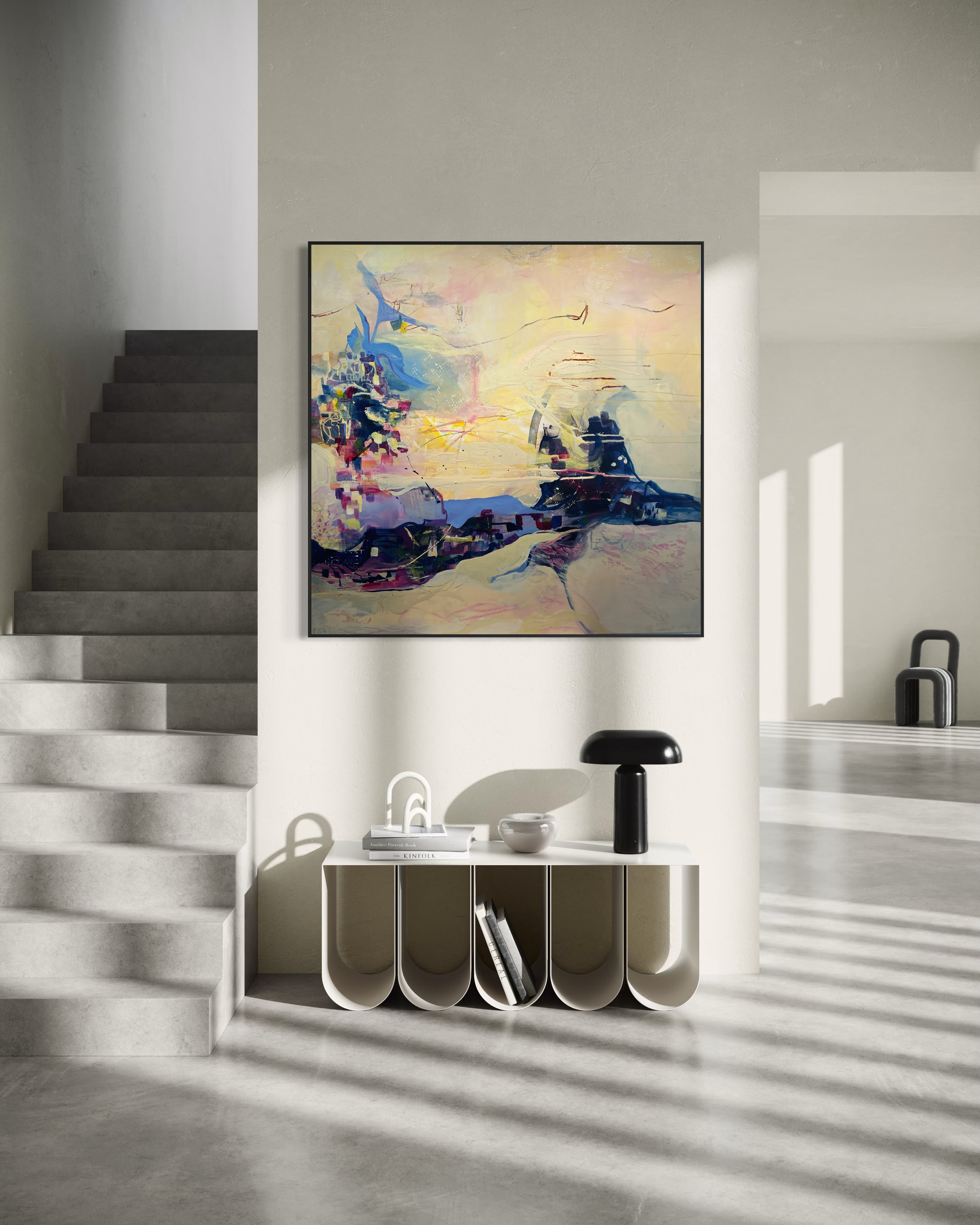 Village Under a Yellow Pink Sky, 2026, Acrylic mixed media on gallery wrapped canvas, framed,
48 x 48 inches | $4,850