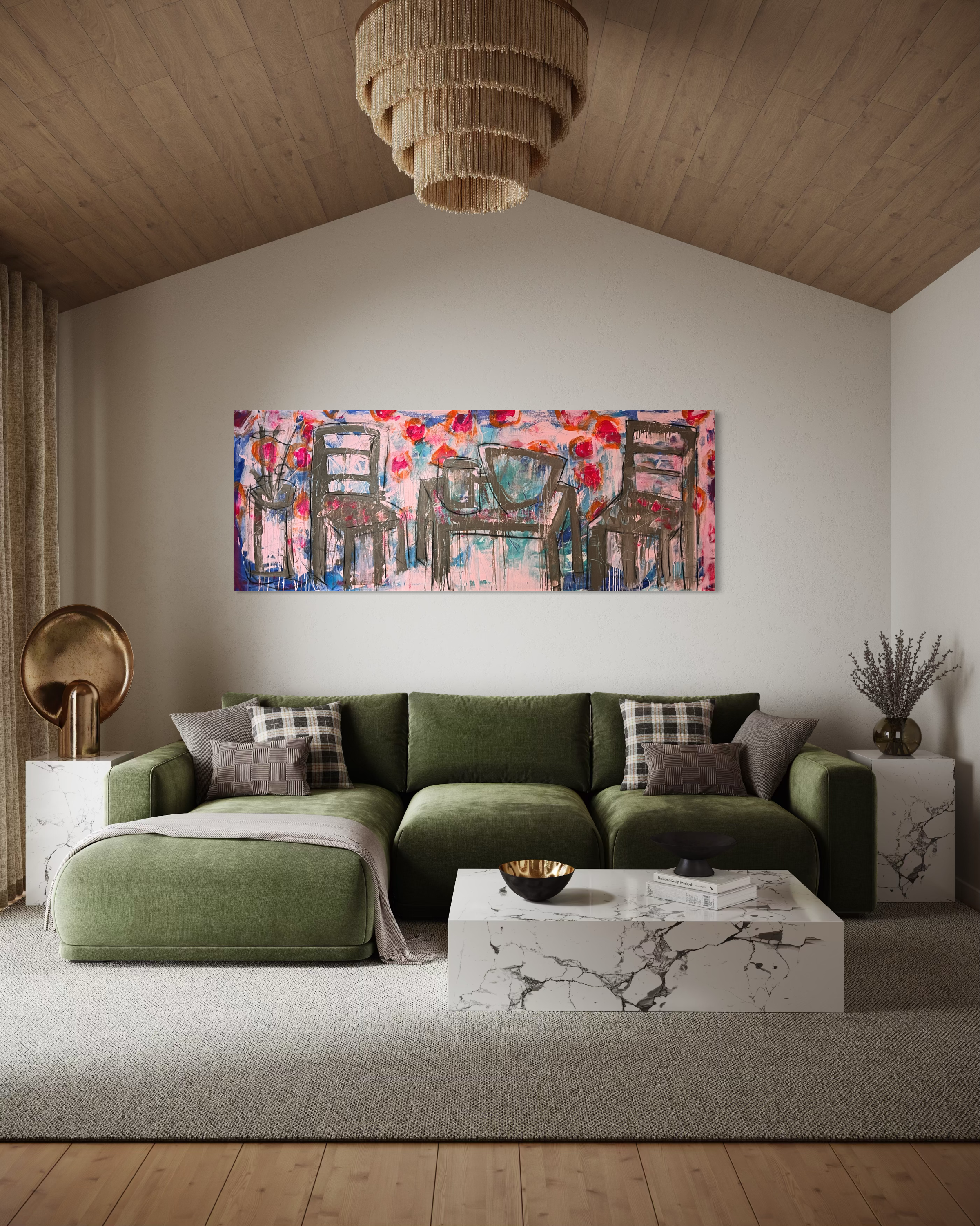 Judy Robertson,
Have a Seat and Let’s Talk About It, 2026,
Acrylic and graphite on gallery-wrapped canvas, framed,
36 x 96 x 2.5 inches | $6,720